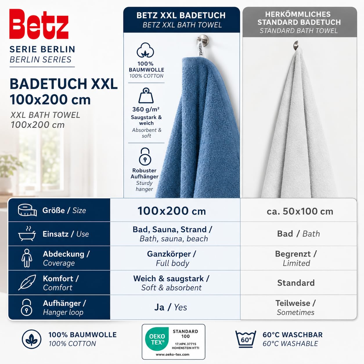 Betz Drap de Bain XXL 100x200 cm – 1 pièce – pour Sauna et Plage en 100% Coton, 360 g/m² - Absorbant et Doux – Grande Serviette avec Attache Serviette – série Berlin - Couleur Bleu Pigeon