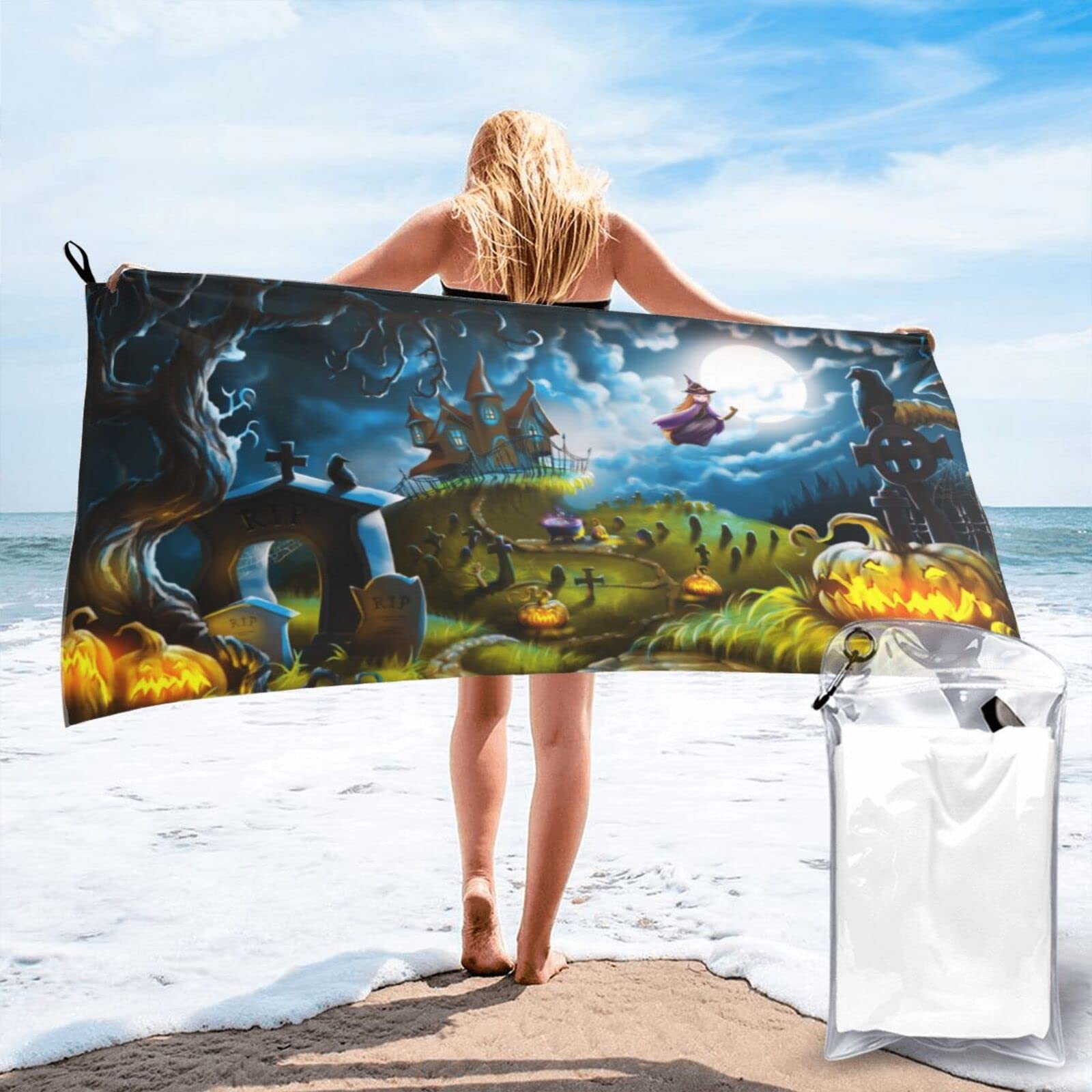 Lawenp Halloween Happy Pumpkin Microfiber Beach Towel Adults Large Quick Drying Bath Towel Travel Towels with Pouch 31.5"x63"