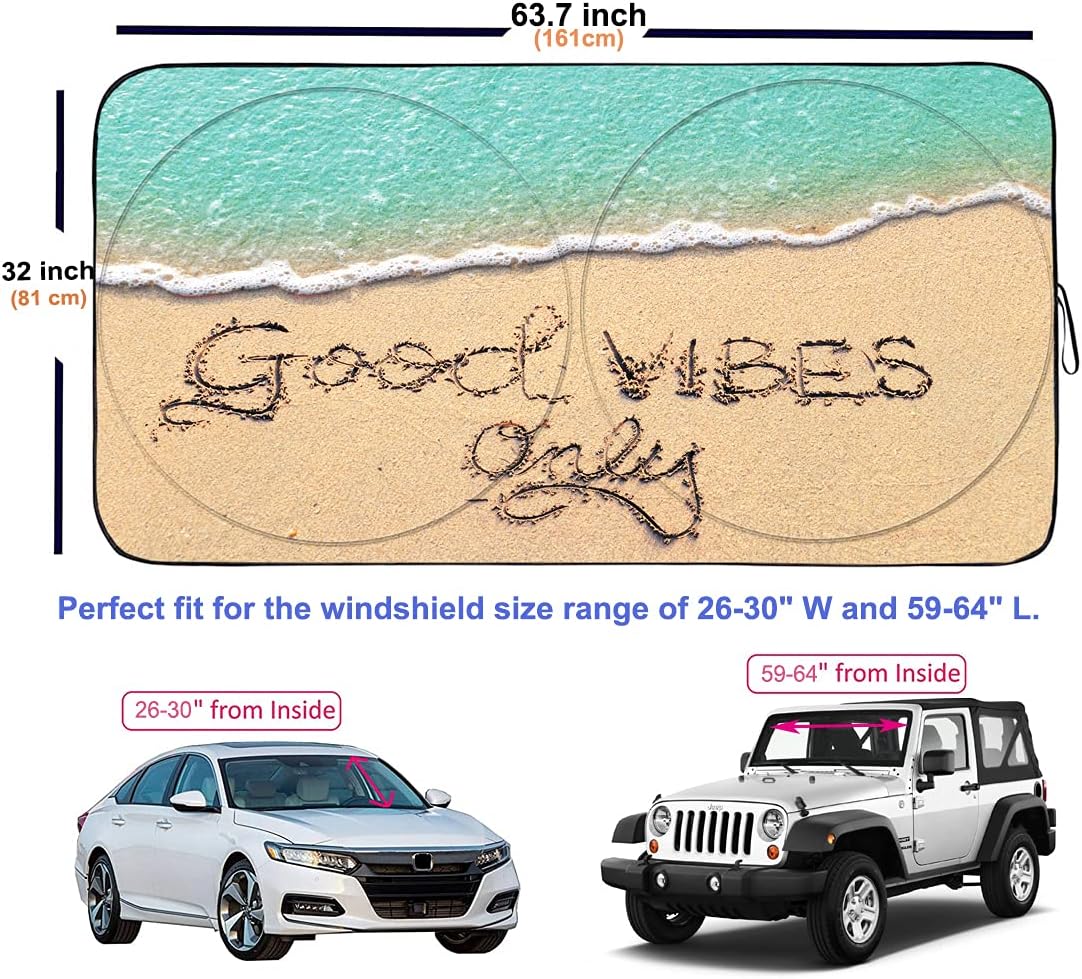 Gven Car Windshield Sun Shade 63.7" x 32" (Large, Eyes Black) + 63.7" x 32" (Large, Beach) Front Windshield Sun Visor Protector Blocks UV Keep Your Vehicle Cool