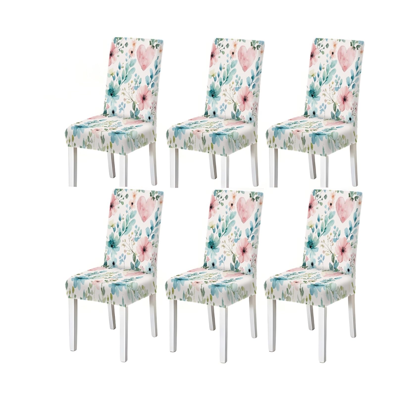 Bosuybn One Color Watercolor Teal Pink Floral Heart Print Dining Chair Covers, Stretch Slipcovers For Kitchen Dining Room Wedding Love Party, 2/4/6Pcs Furniture Protectors For Home Dining Room(6Pcschair Cover)