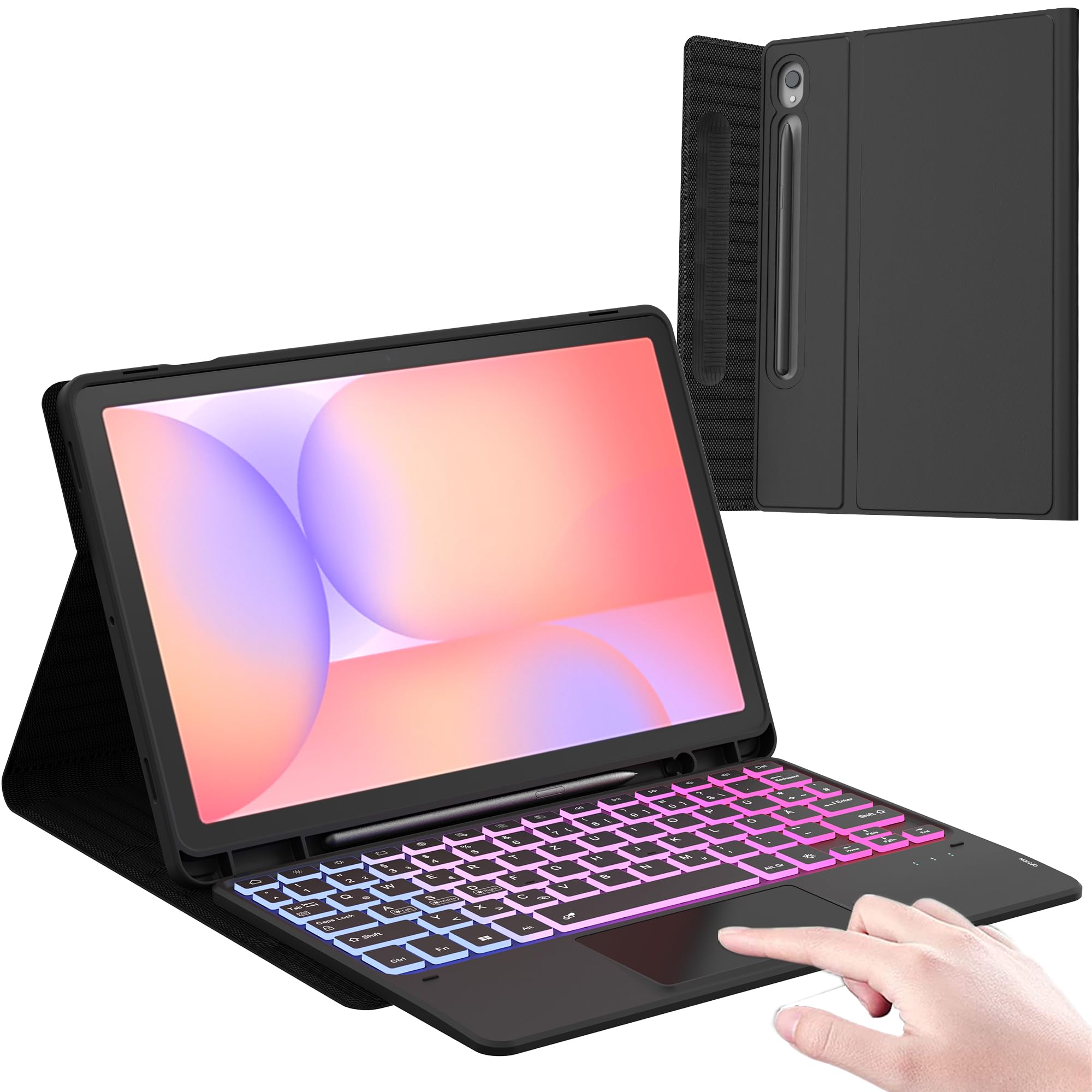 für Samsung Galaxy Tab S10 Lite/S10 FE/S9/S9 FE 10,9 Zoll Hülle mit Tastatur : 3-Zonen-7-Farbige Beleuchtung Tastatur mit Touchpad, Abnehmbar Deutsch QWERTZ-Layout Tastaturen Hülle for Tablet S10 Lite
