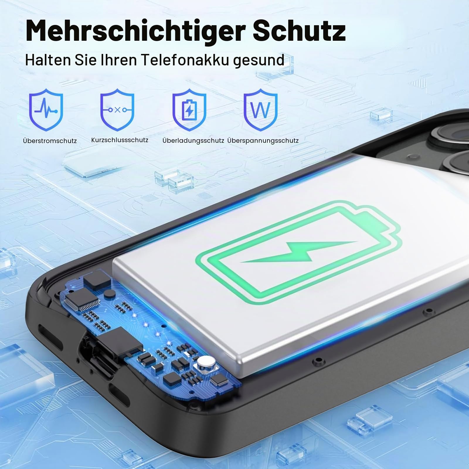 Akku-Hülle für iPhone 15, Echtes 8500 mAh, Schmal, Wiederaufladbar, Erweitertes Ladegerät, Ladehülle Mit Ständer, Tragbare Schützende Powerbank für iPhone 15, 6,1 Zoll – Schwarz