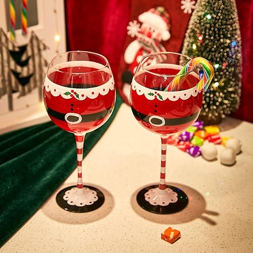 Miniatura 3 de Santa's Elf Stemmed - Juego de 2 copas de vino y agua con tallo de elfo de Papá Noel, rojo brillante y negro, 9 pulgadas de alto, cristalería para