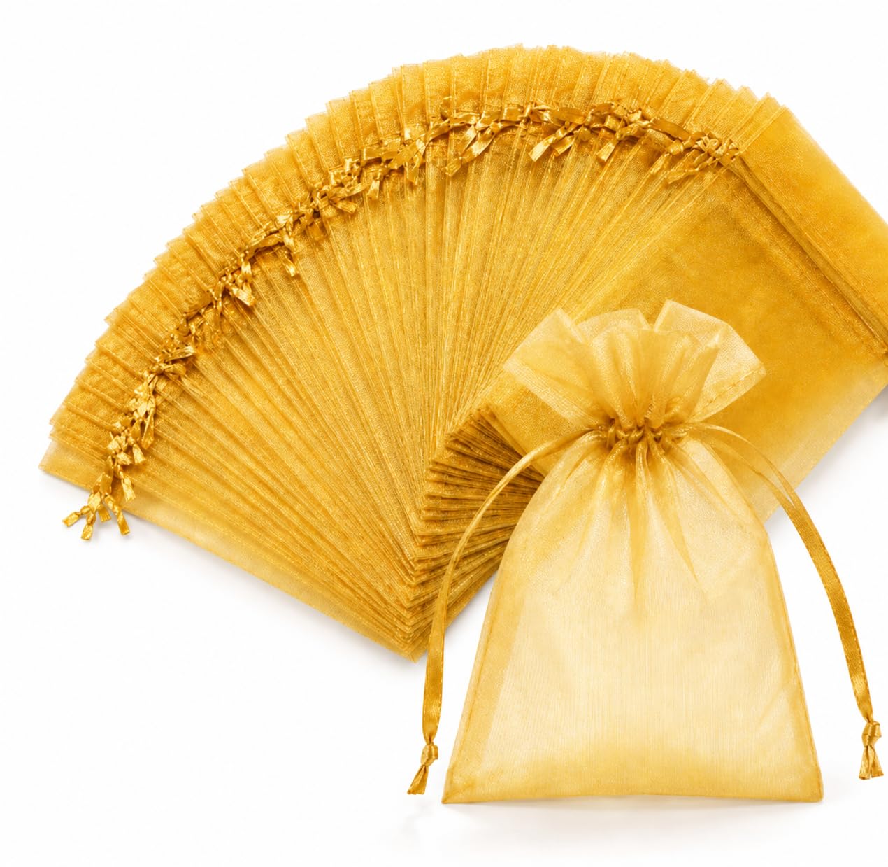 Hopttreely Gold Organza Bags 4x6 Inch, Premium Mesh Drawstring Gift Bags for Party Favors, Jewelry Packaging, Wedding Candy, Christmas, Small Business Supplies, 50 Pcs