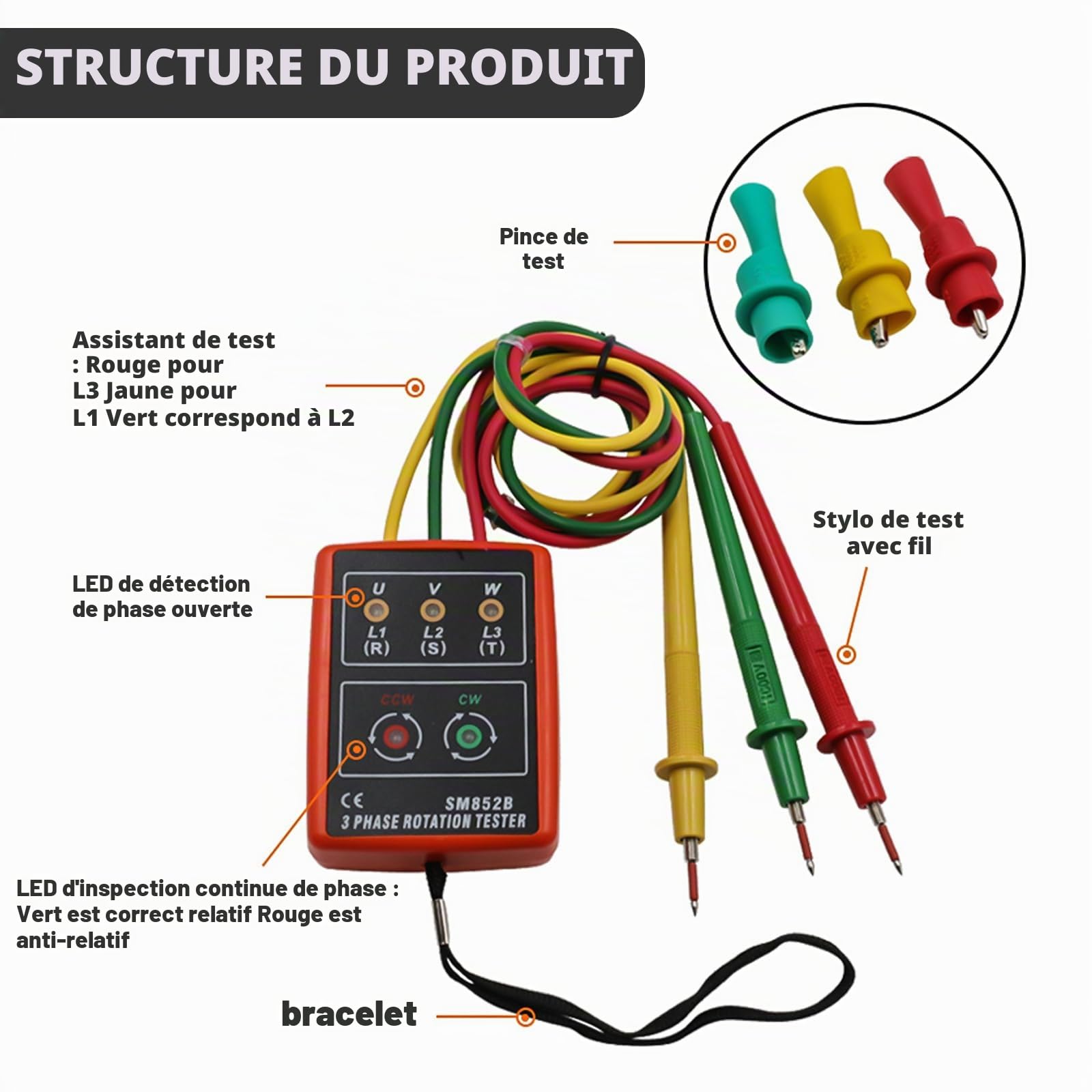 Testeur de phase portable à 3 phases : compteur de champ rotatif AC 60 V ~ 600 V, testeur de rotation à 3 phases, testeur de tension avec buzzer et pinces crocodiles pour appareils de haute