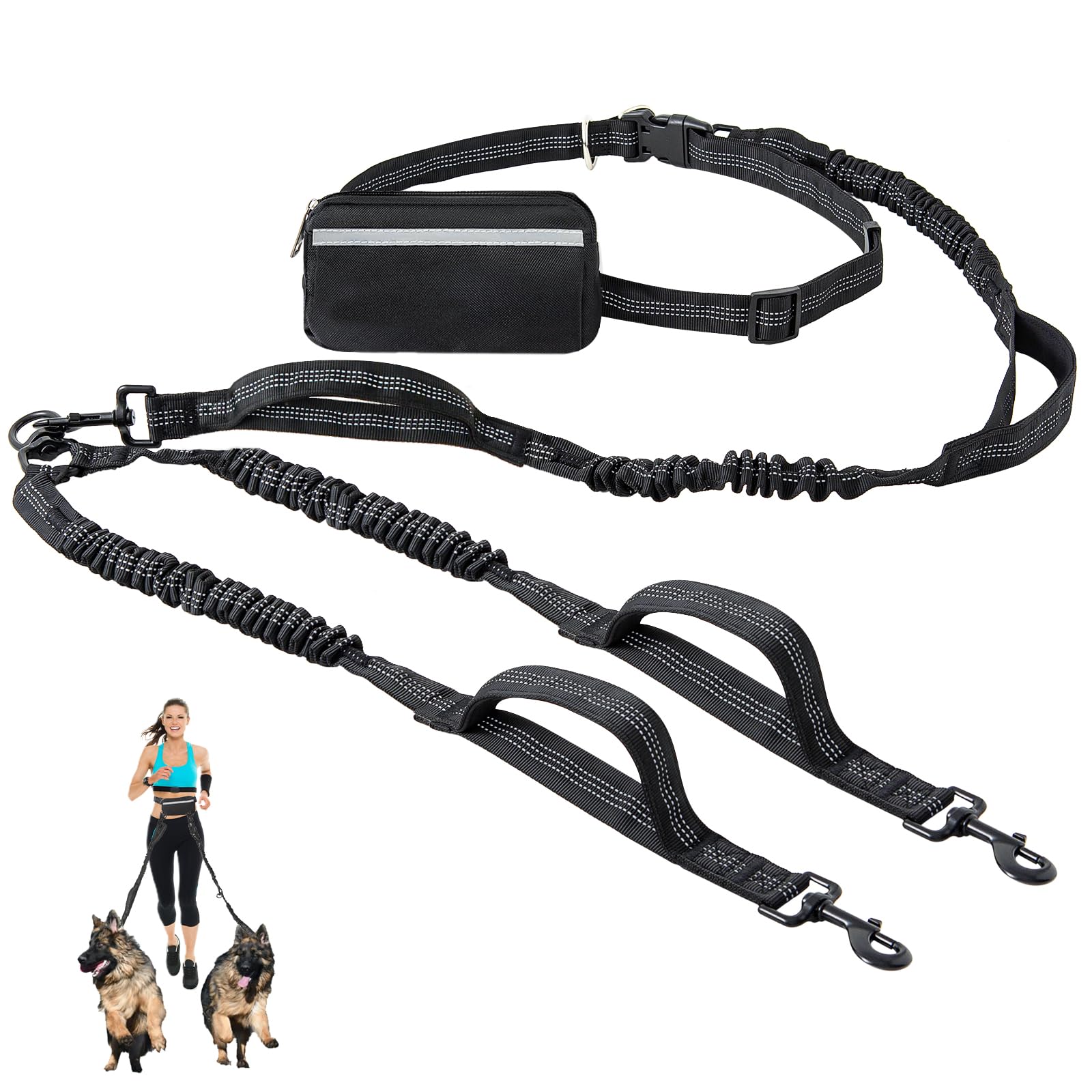 RHXOFYANG Double Leash for Two Dogs for 2 Dogs with Pouch and 4 Padded Handles for Medium to Large Dogs Running, Walking, Hiking