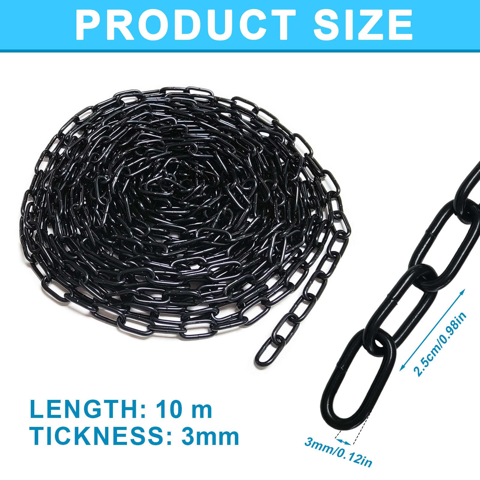 Chaîne en acier au carbone de 10 m - 3 mm - Noir - Chaîne à maillons au mètre - Pour chaîne de chien - Chaîne de lampe - Chaîne de barrière - Chaîne de balançoire - Chaines de fauteuil suspendu