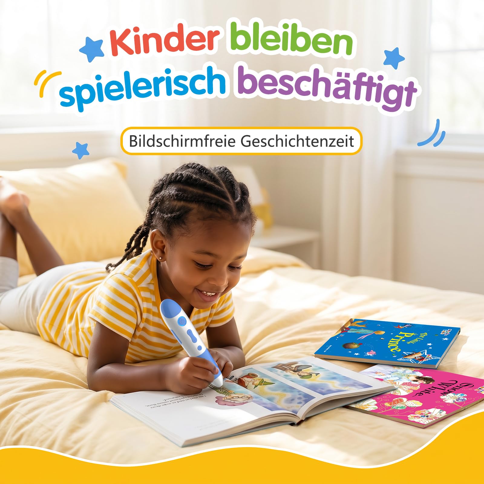 Interaktiver Lernstift mit 10 englischen Geschichtenbüchern, Vorlesestift für Kinder ab 2–5 Jahren, Sprachlernspielzeug, Audio Lernsystem, wiederaufladbar (USB-C)