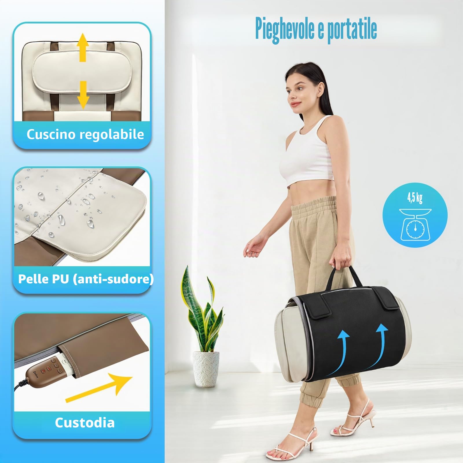 Tappetino massaggio completo con airbag stretching e riscaldamento, trazione lombare, cuscinetto 3D, 4 modalità, 3 intensità, 3 livelli calore, pelle
