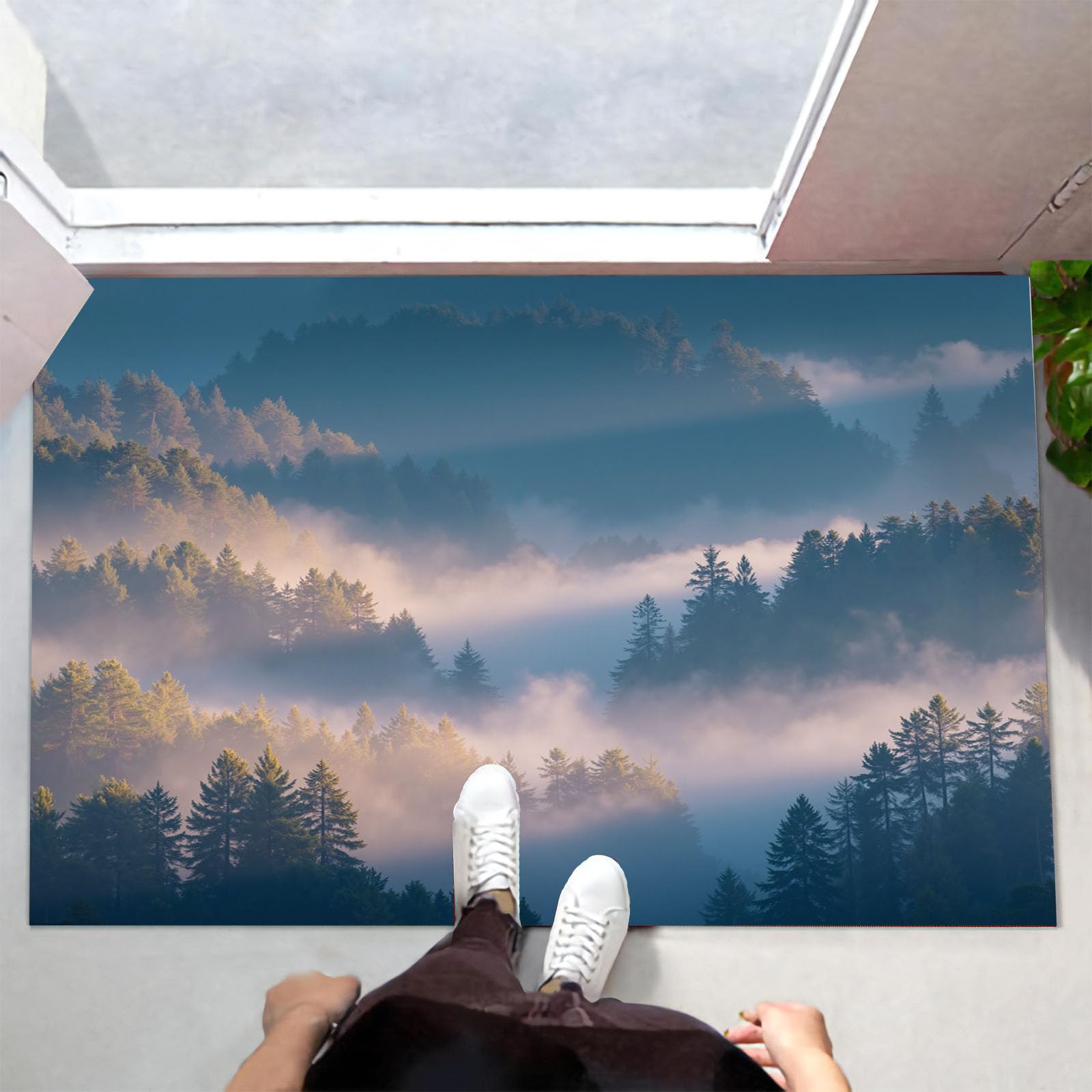 Waschbar Fußmatte Morgennebel Tannenwald - 80x120cm -Willkommen Fussmatte Geheimnisvolle Berglandschaft rutschfeste Fußmatte für den Eingang für Hauseingänge, Flure, Außentüren
