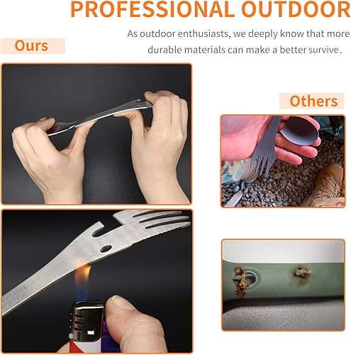 Miniatura 4 de PSKOOK Tenedor táctico 5 en 1, cuchara de acero inoxidable y abridor de botellas, tenedor y cuchillo, combo de abrelatas, utensilio de campamento