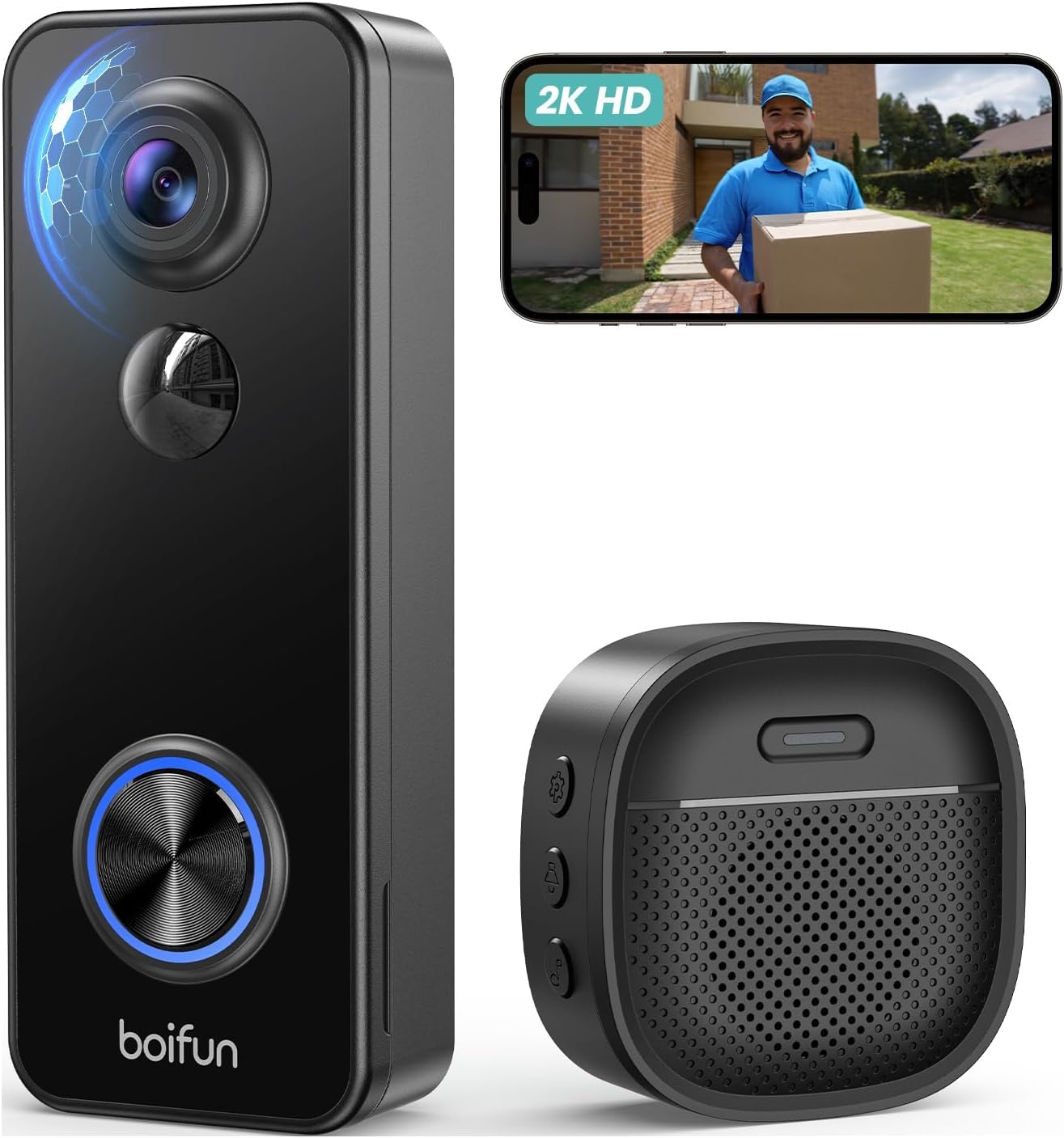 BOIFUN 2K Timbre inalámbrico Exterior Impermeable, Visión 180° sin Puntos Ciegos, Instalación Sencilla, Detección Humana PIR, Visión Nocturna, en Tarjeta SD/Nube, Alerta, IP65, Solo Wi-Fi 2,4 GHz