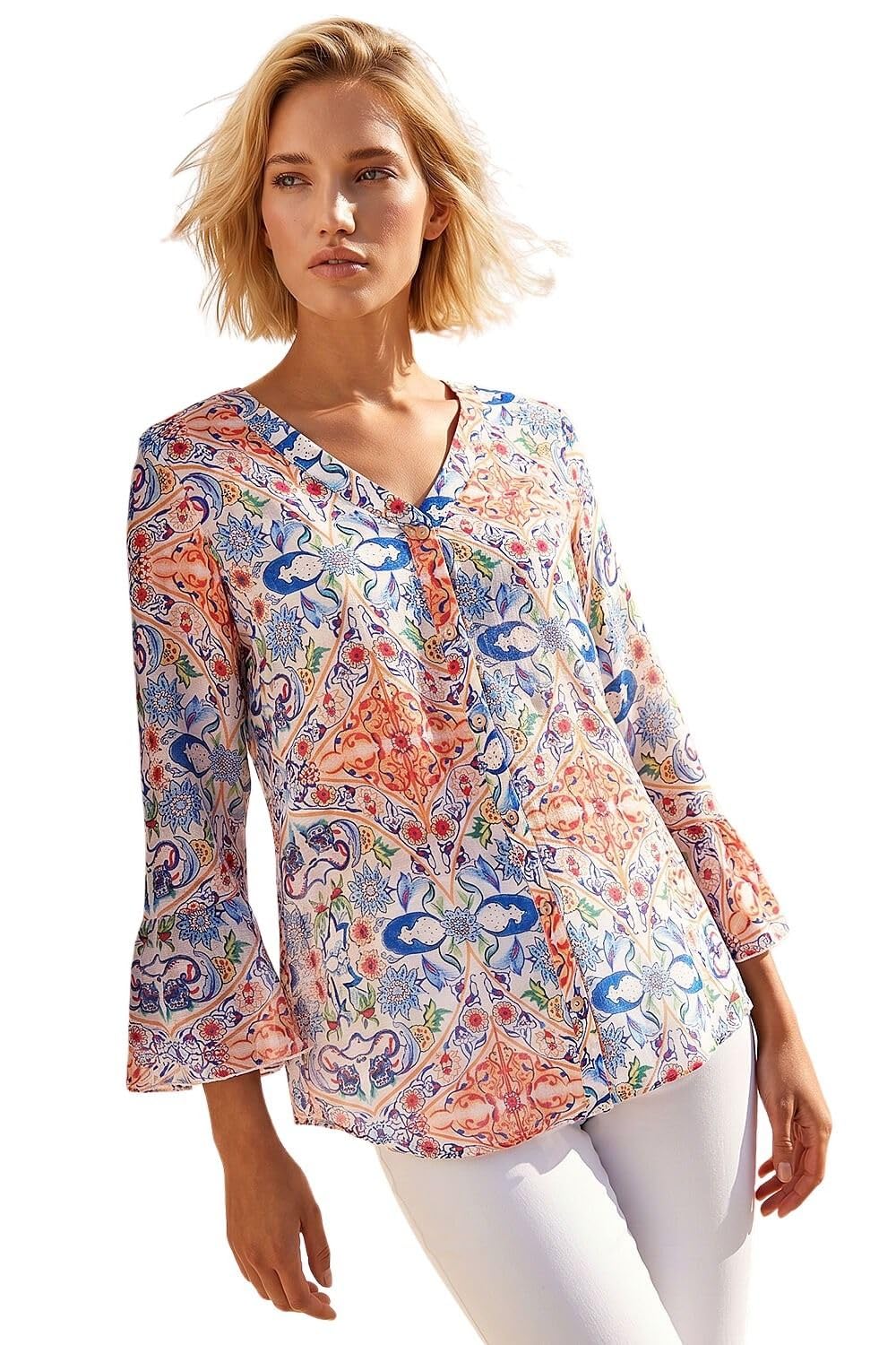 Roman Women's Blue Abstract Floral Frill Sleeve Top In Size 12