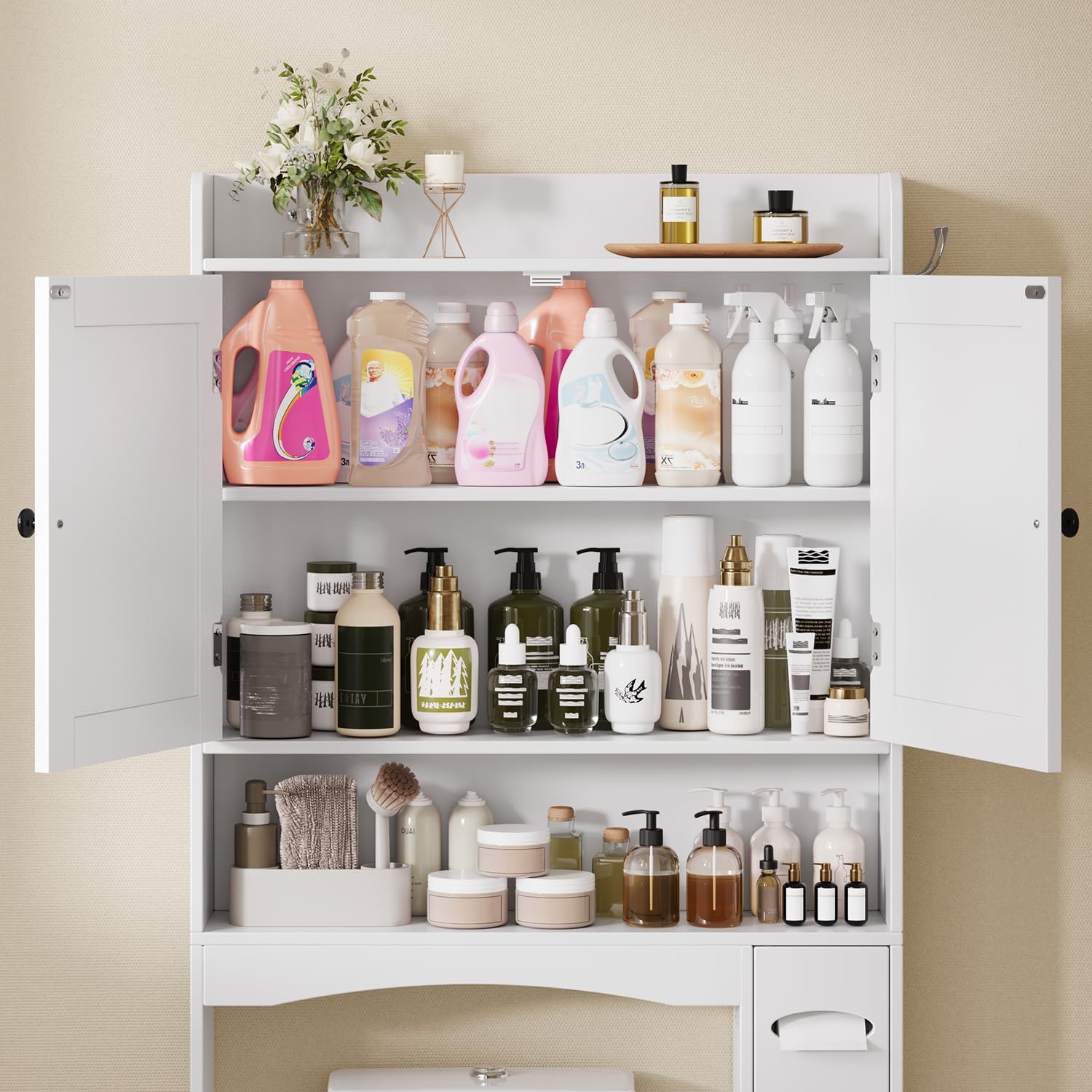 Xbro Armario sobre Inodoro, Mueble sobre Inodoro con Doble Puerta, Portarrollos de Papel Higiénico y Estante Ajustable, 82 x 20 x 179 cm, Blanco