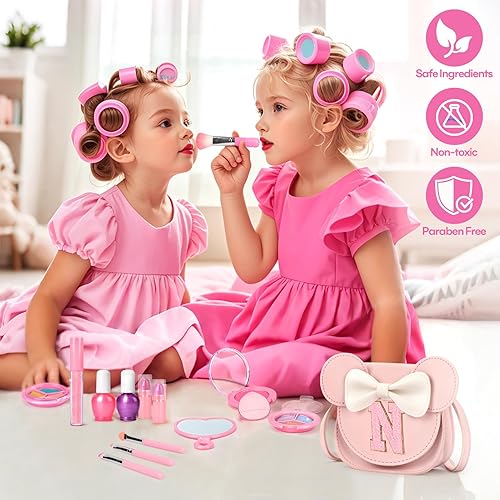 Miniatura 9 de Kit de maquillaje infantil para niñas, juego de maquillaje lavable real, 18 piezas, cosmético no tóxico para niños pequeños con bolsa de oreja de