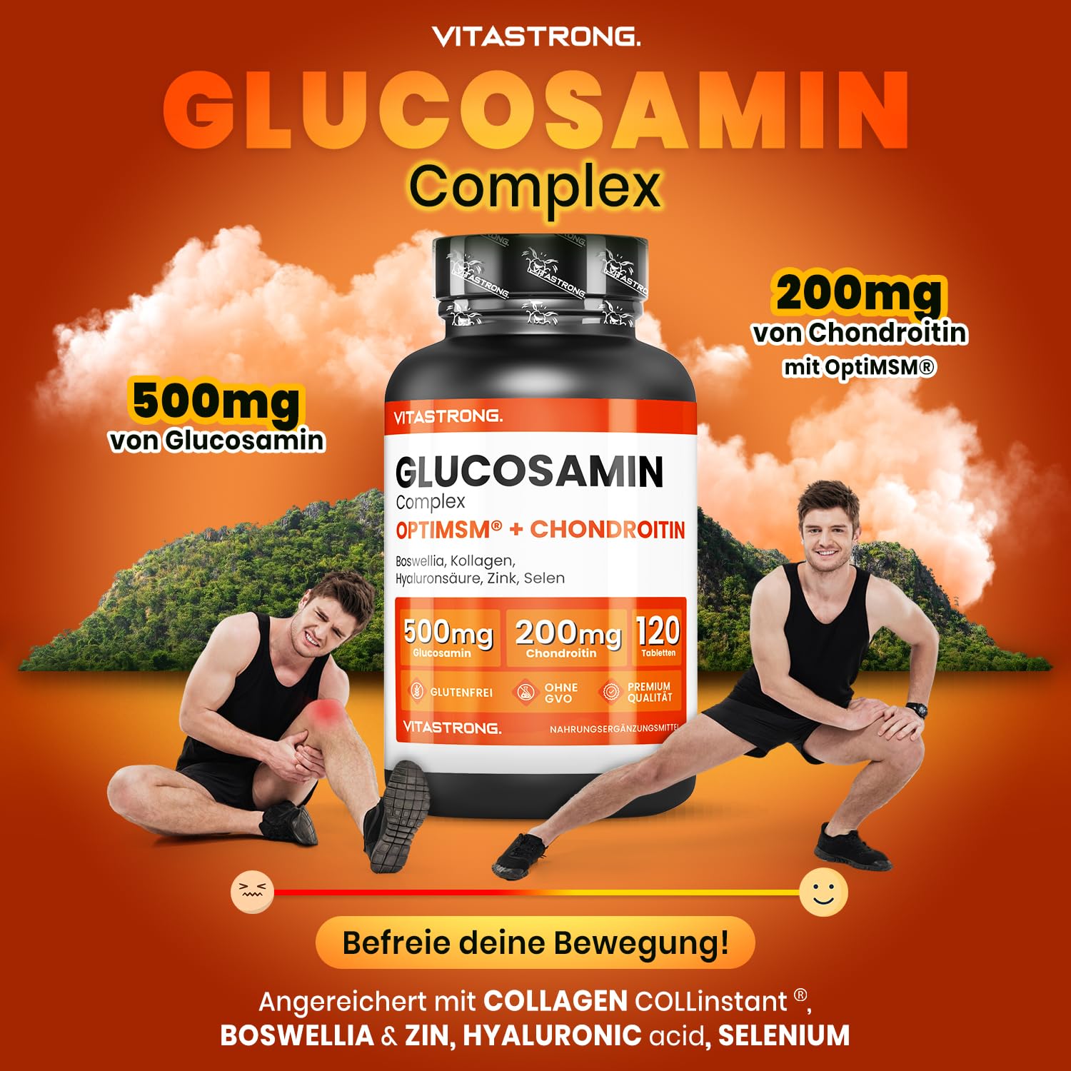 Vitastrong Glucosamin Chondroitin MSM Komplex mit Kollagen, Hyaluronsäure, Zink, Selen, Mangan & Boswellia, 120 Tabletten, Premium Gelenk, Knochen- & Knorpel-Formel, Glutenfrei & Ohne Gentechnik