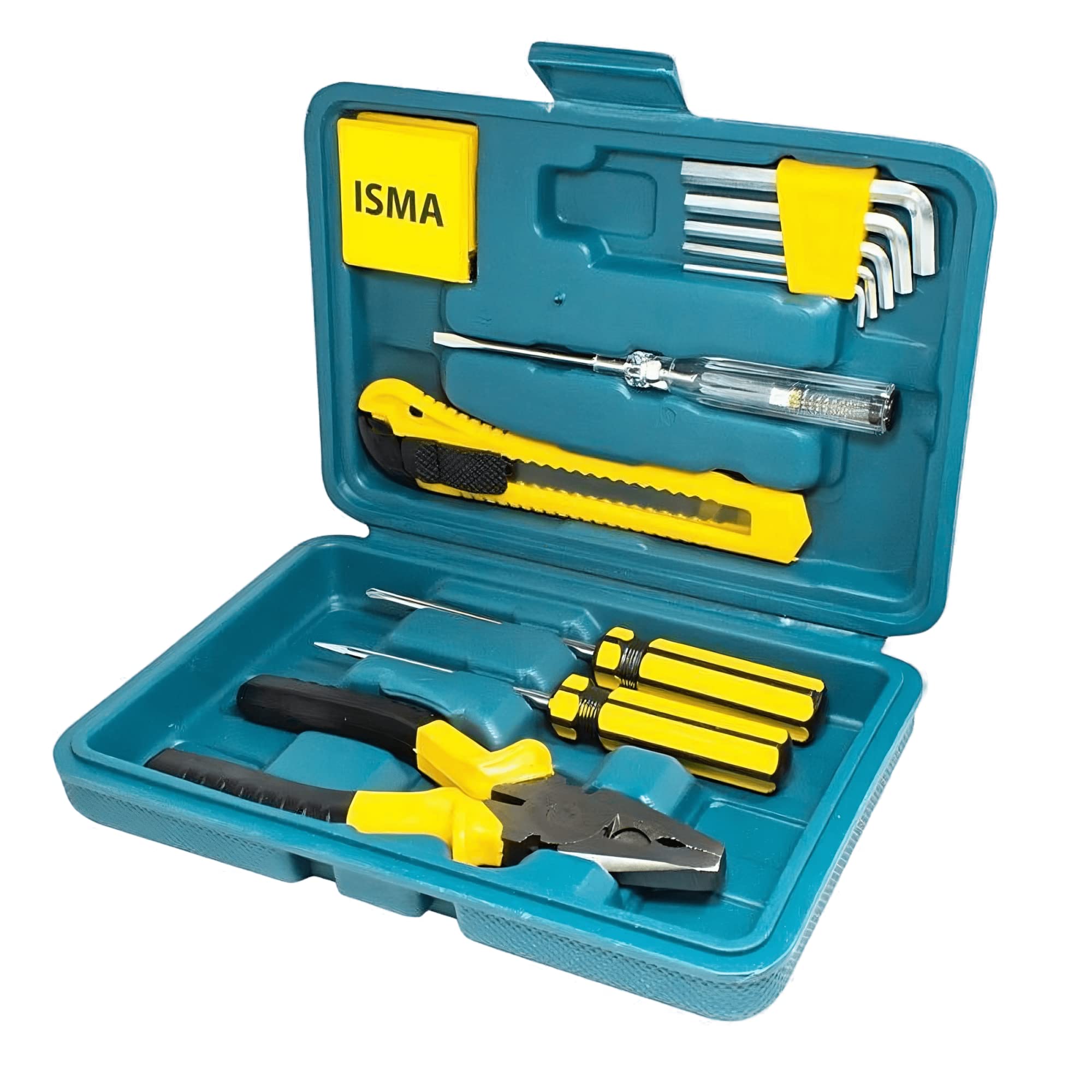 ISMA Professional Tool Set, 12-Piece Kit with Pliers, Hex Keys, Utility Knife, Voltage Tester, Screw Driver in Turquoise Case, Yellow and Black-image-5