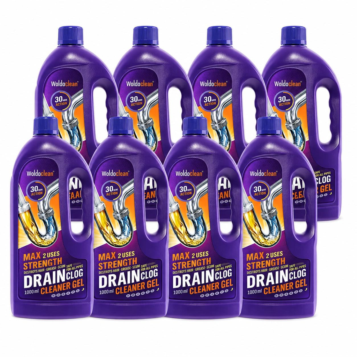 WoldoClean Rohrreiniger und Abflussreiniger Gel 8x 1000ml | 8 Liter extrem stark, gegen Haare & Fett, Dusche, Waschbecken, Bad & Küche