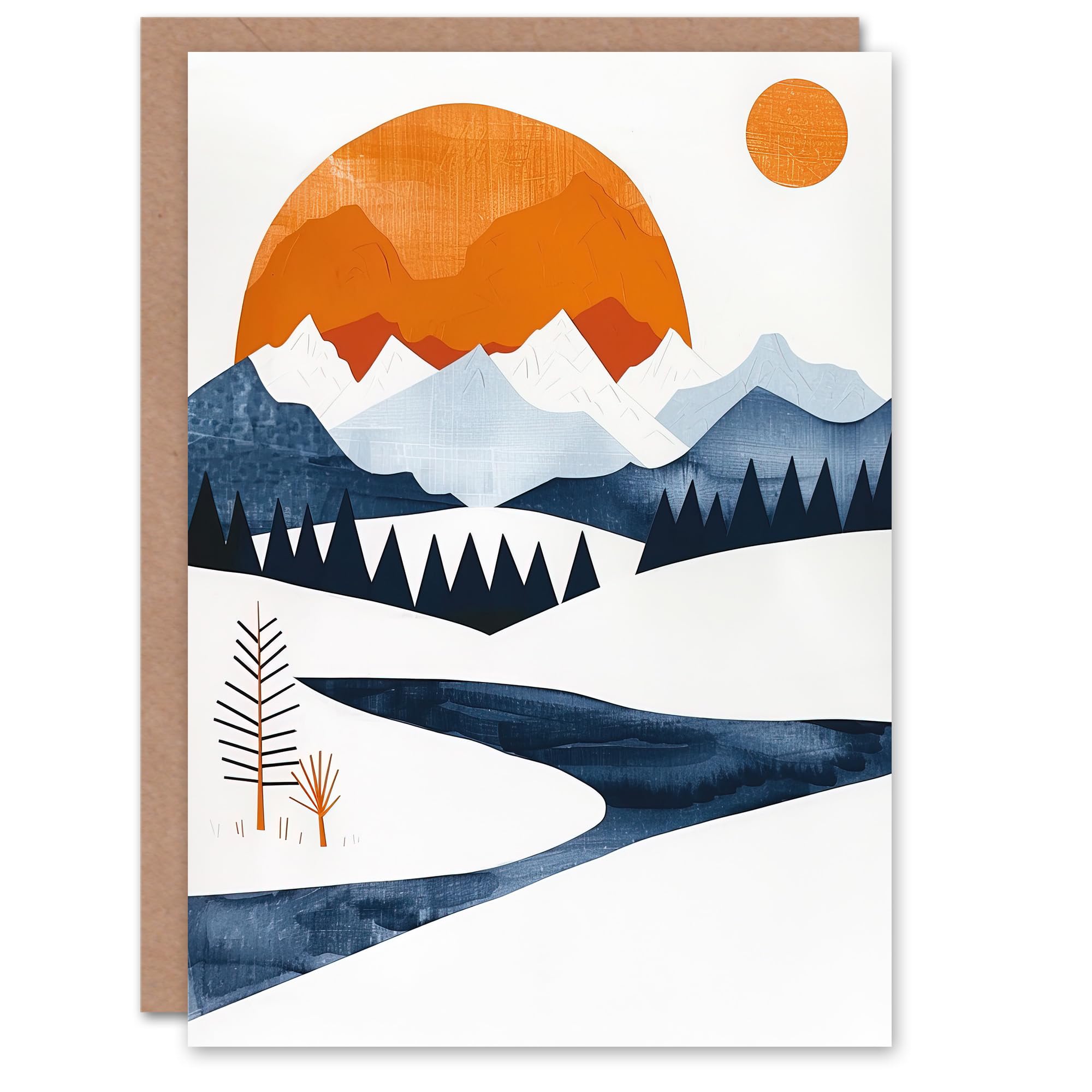 Artery8 Greeting Card Abstract Geometric Orange Blue Winter Landscape Blank For Him Or Her Art Birthday Card