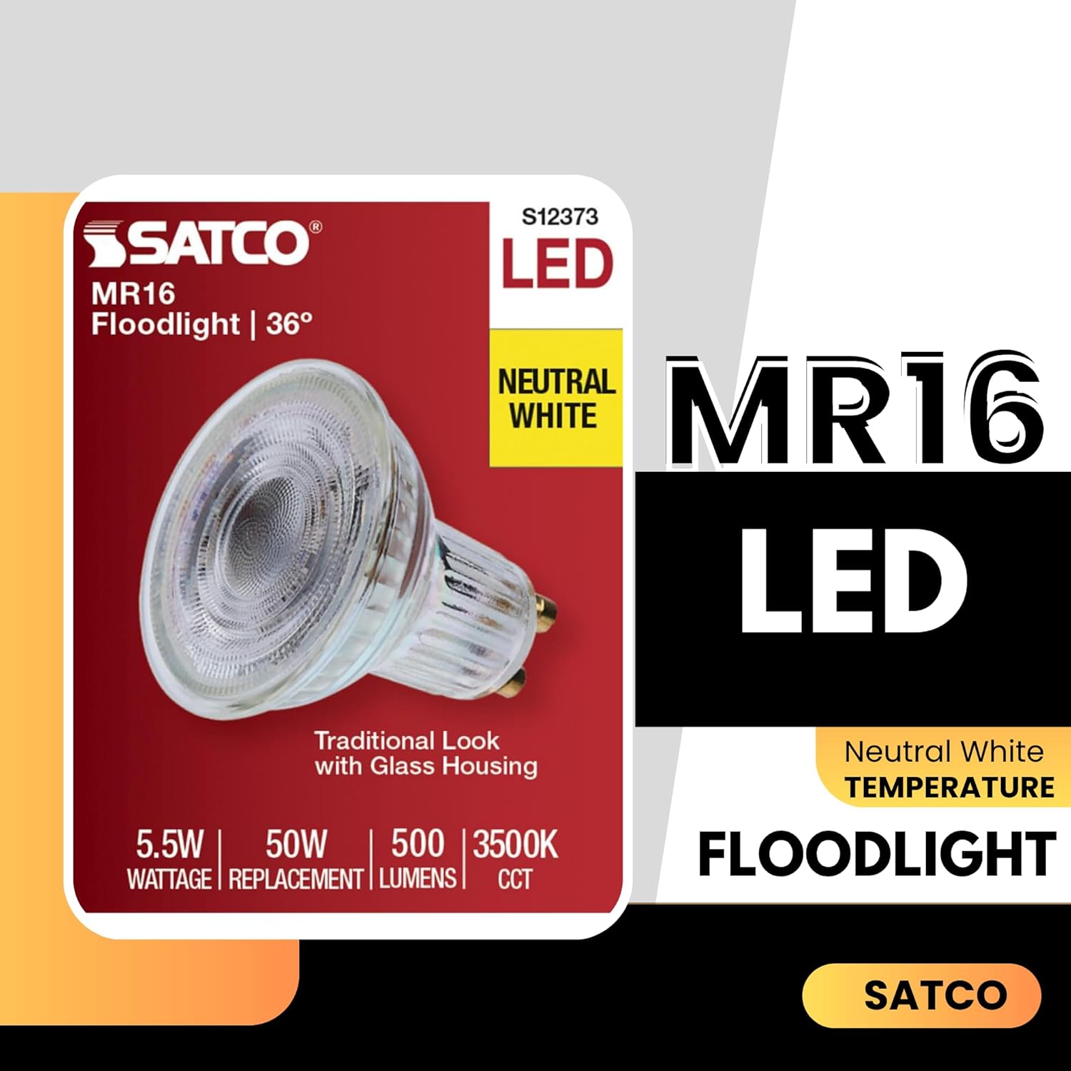 Satco LED MR16 Floodlight 5.5W 50W Equivalent 3500K Neutral White 90+ CRI 36 Beam GU10 Twist-Lock Base 120V Dimmable Clear Finish Part S12373 (6 Pack)