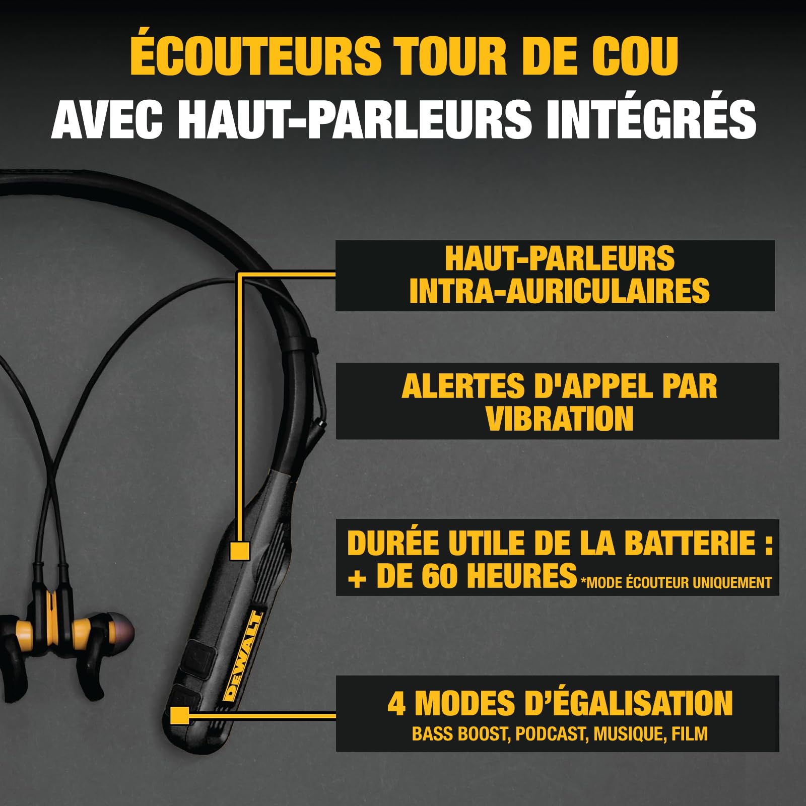DEWALT Casque Tour de Cou Bluetooth Robuste 2 en 1 avec Haut-parleurs intégrés, Haut-Parleur Portable de Chantier et Casque Tour de Cou, Casque Bluetooth sans Fil, autonomie de Plus de 60 h, Noir