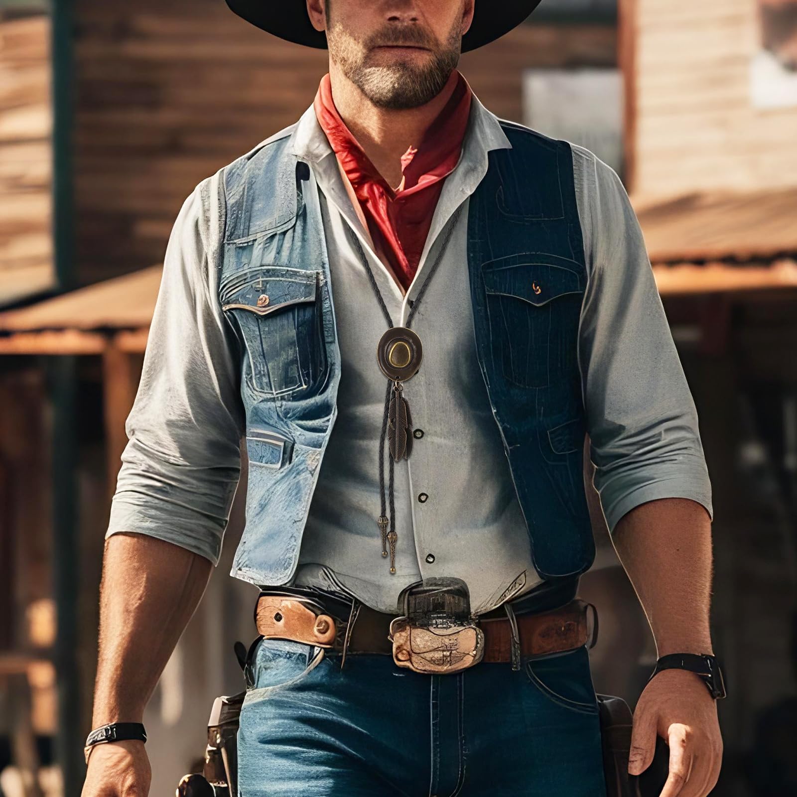 Lot de 2 cravates bolo, style western cowboy et cowgirl, en cuir vintage, fait main, avec pendentif en plumes, pour homme et femme