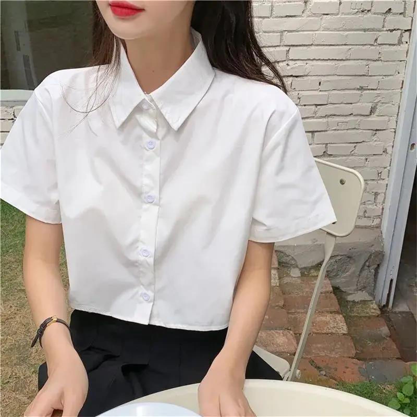 Genérico Camisa Informal Holgada de Manga Corta con Cuello Vuelto, Corte Recto y Botones Delanteros para Mujer (Manga Larga con Lazo)