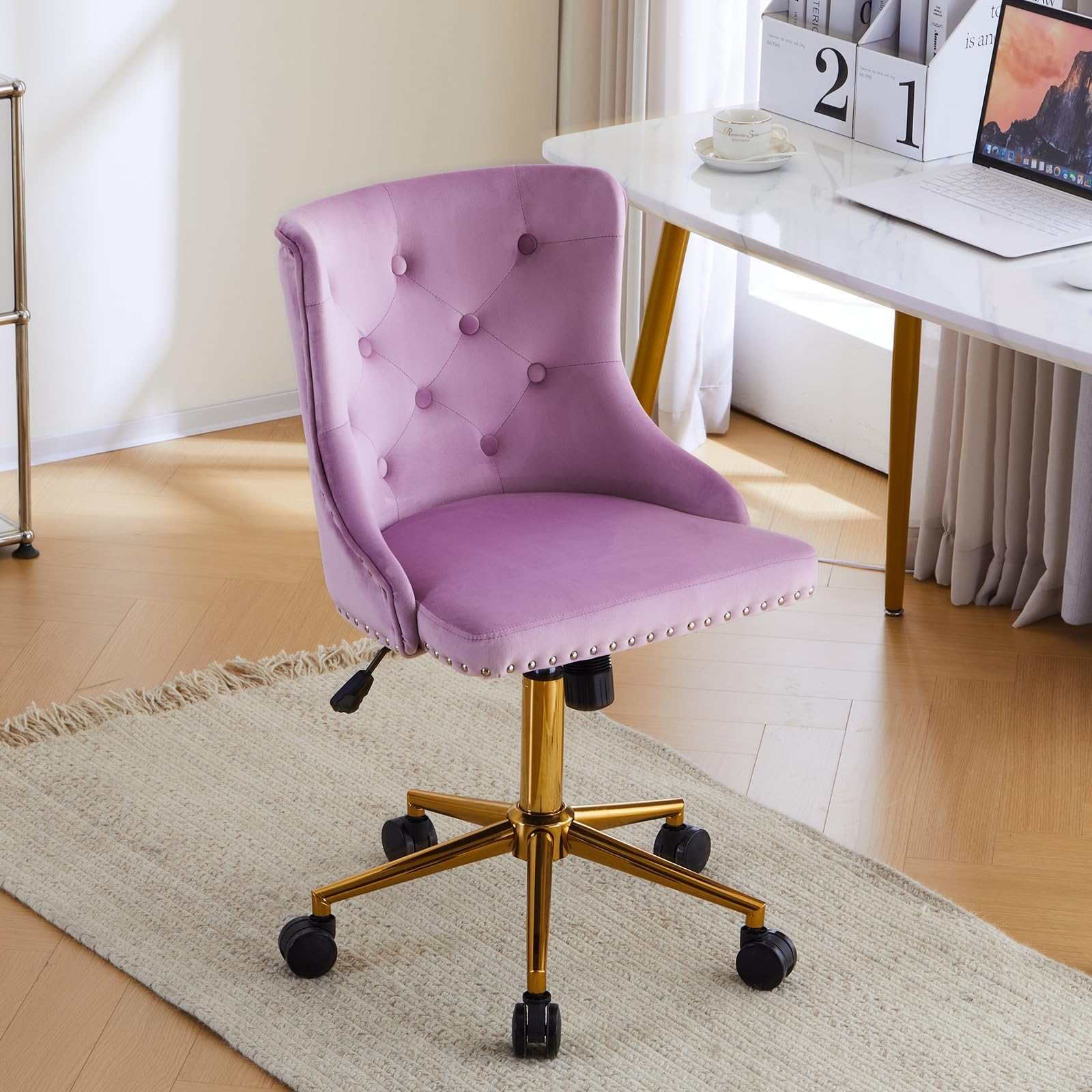 Mauve Purple Armless Home Office Desk Chair with Gold Base/Wheels, Small Cute Vanity/Makeup Chair with Back for Bedroom, Upholstered Adjustable Rolling Swivel Nail Chair for Women/Girls