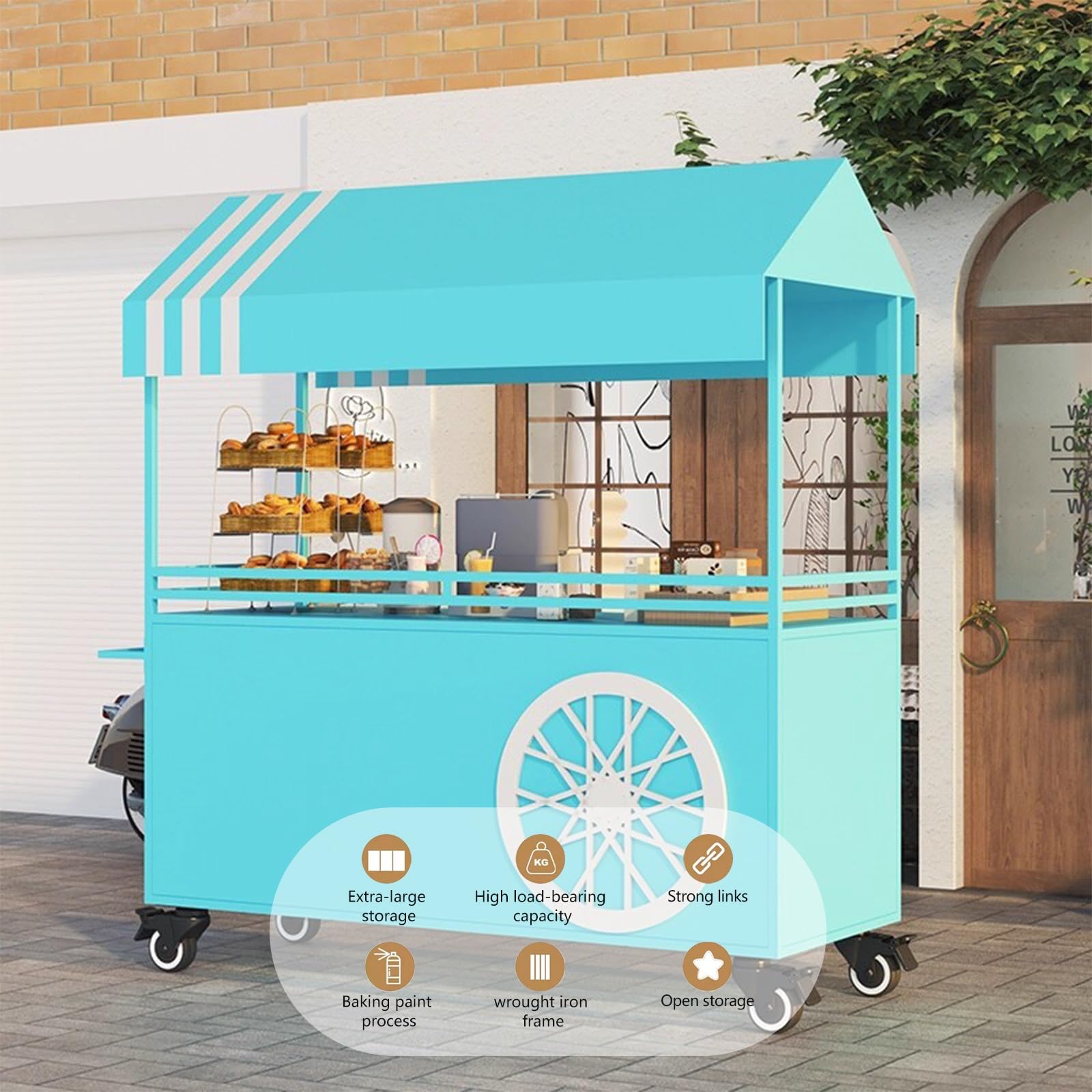 Mobiler Präsentationsständer Mit Feststellbaren Rädern, Tragbarer Imbisswagen Mit Überdachung, Für Markt, Street Food & Events(Blue,140cm/55.1in)