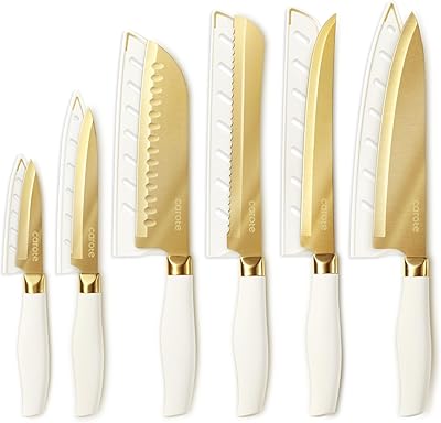 CAROTE 12PCS Kitchen Knife Set, Healthy Gold Titanium Coating Knife Set, Dishwasher Safe with 6 Blade Guards, Rustproof Stainless Steel Cutlery Set, White and Gold