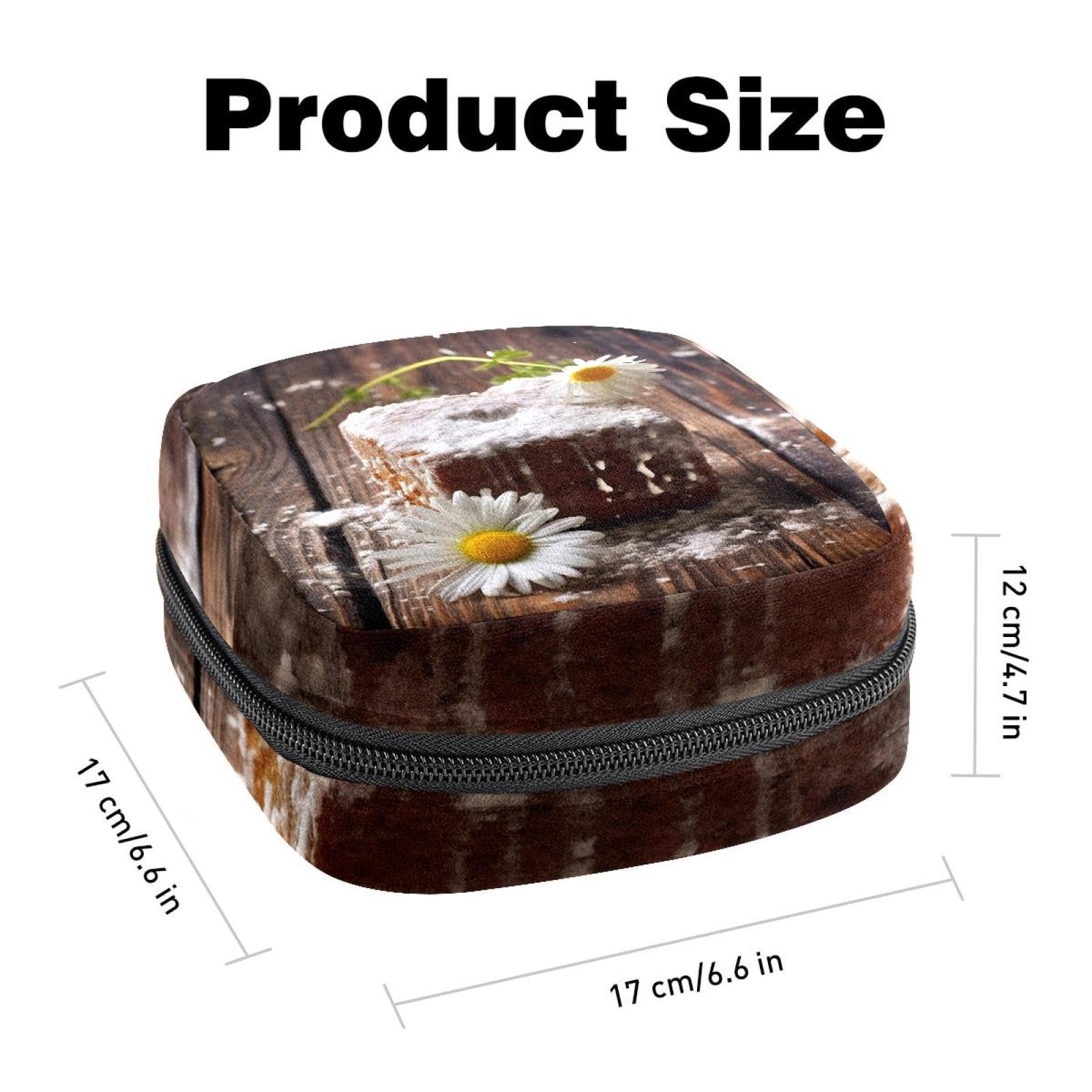 Sanitary Napkin Storage Bag for Women Cute, Feminine Menstruation Pad Holder for Period, Portable Zipper Menstrual Pad Bags Cute Cake with Daisy on Wood Background