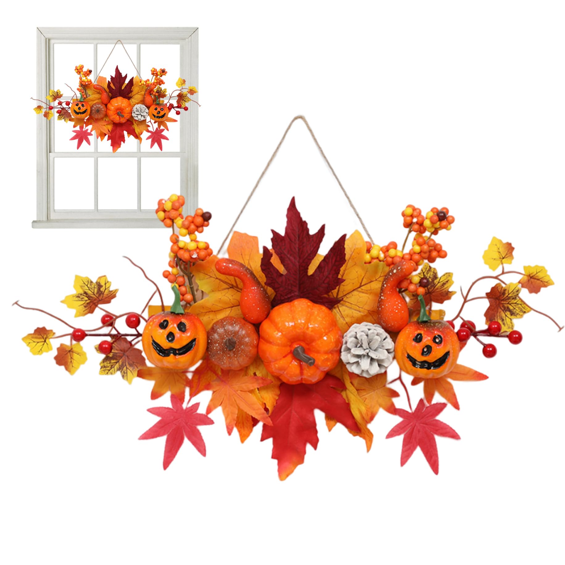 Sjfbebsy Fall Wreath, Pumpkin Maple Leaf Halloween Wreath for Front Door Thanksgiving Decor with Hanging Rope, Halloween Door
