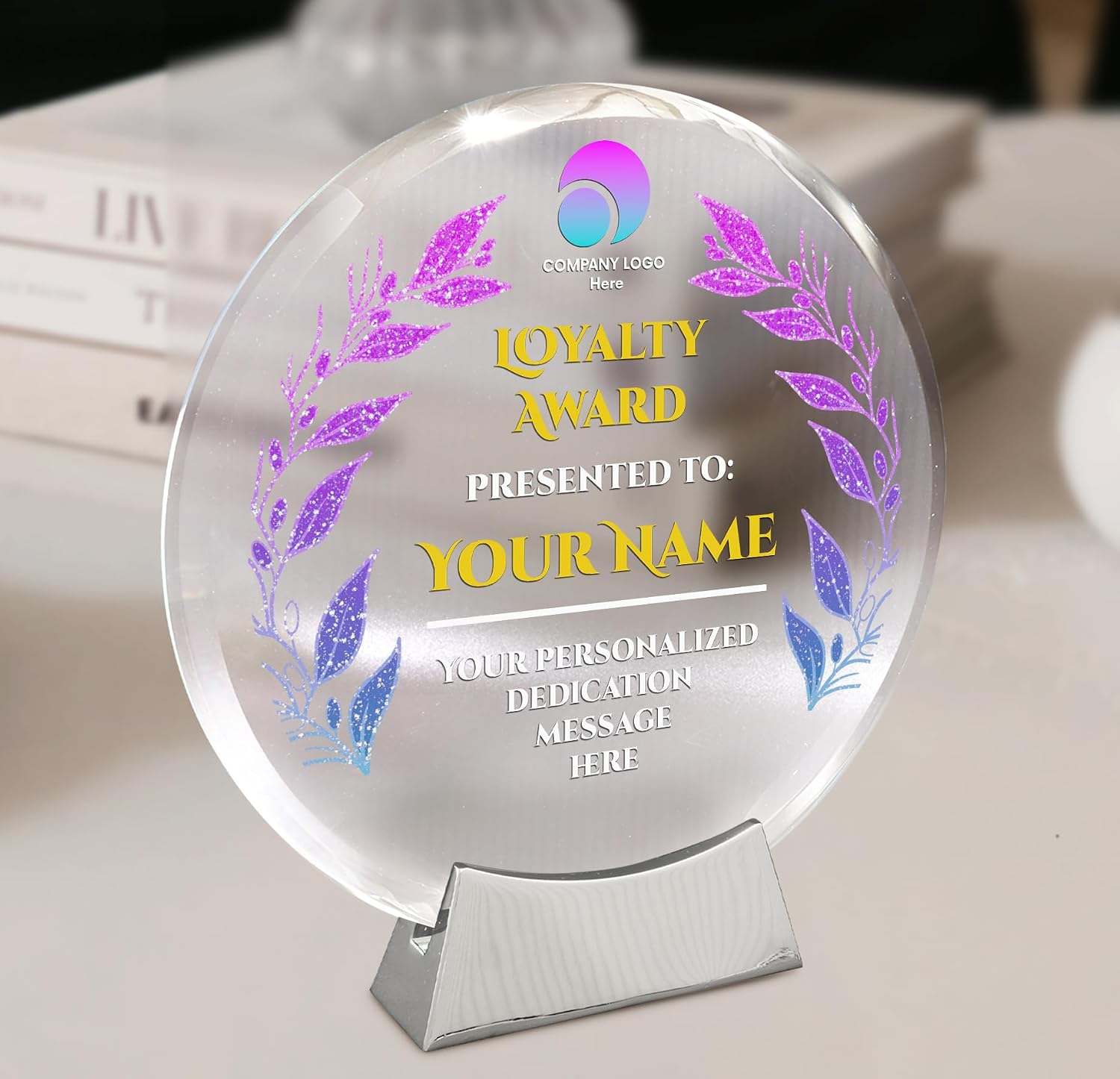 Personalized Round Platinum Glass Plaque, Awards & Trophies, Retirement & Employee Plaque, Leadership Gifts, 8" (Design D)