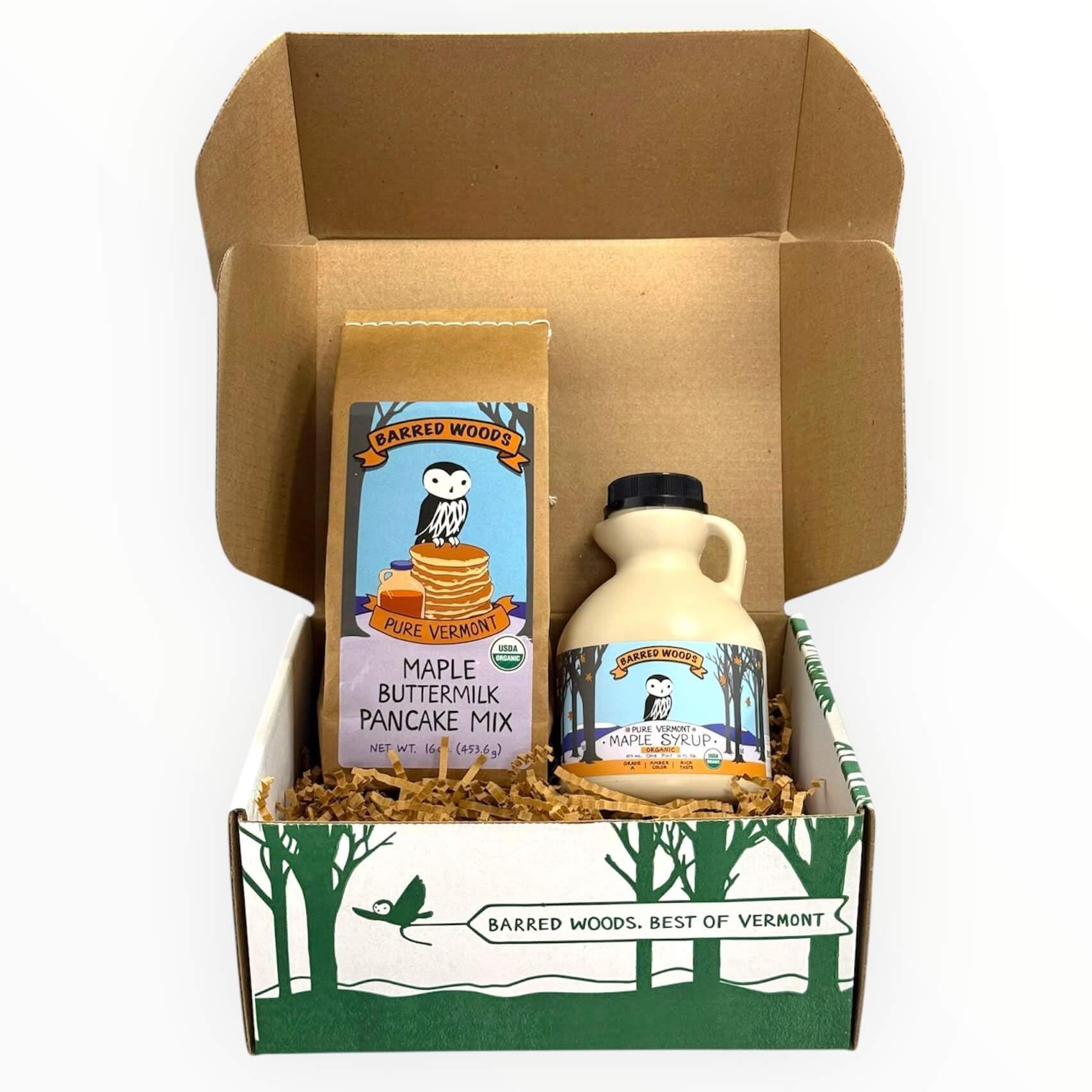 Vermont Maple Syrup and Pancake Mix Gift Box - From Barred Woods Maple Products (Amber Rich)