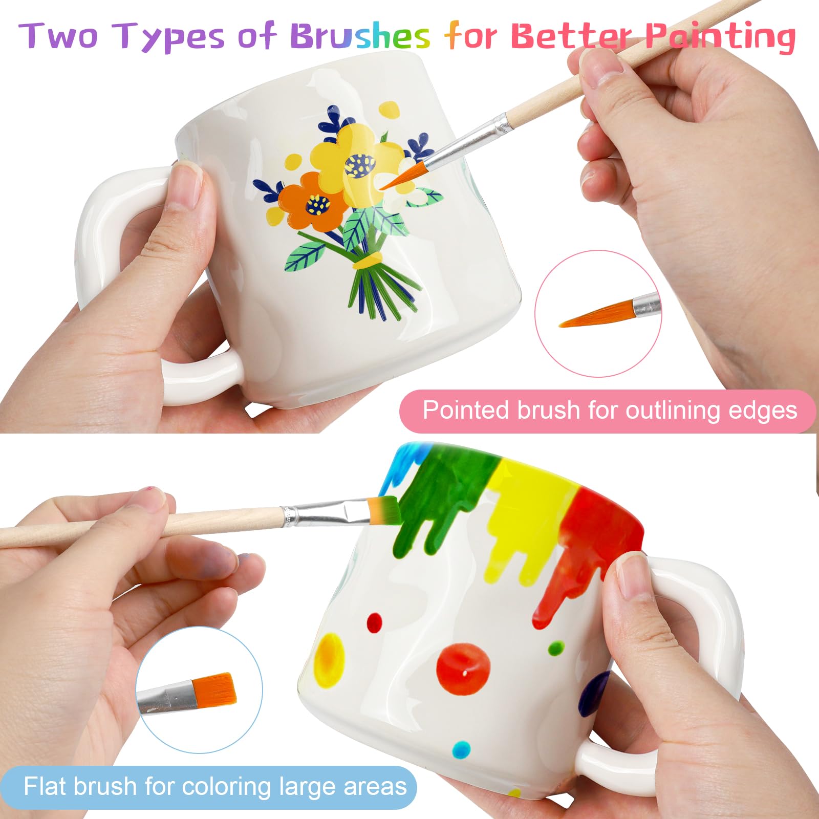 Kit de Peinture sur Céramique, 2 Tasses à Peindre en Céramique Blanche Set avec Peintures, Pinceaux et Peinture, Kit Mug Peindre Cadeau DIY, Kit de Bricolage pour Adultes et Enfants