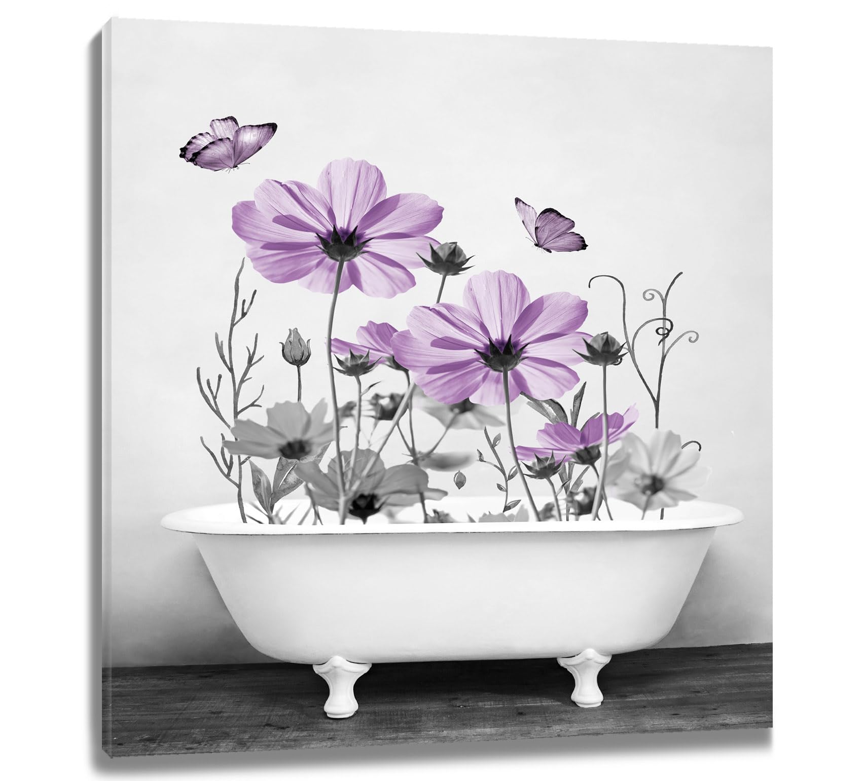 LB Purple Floral Wall Art Flower Gray Leaf and Butterfly in Bathtub Rustic Wood Board Canvas Wall Art Vintage Plant Wall Decor for Living Room Bedroom