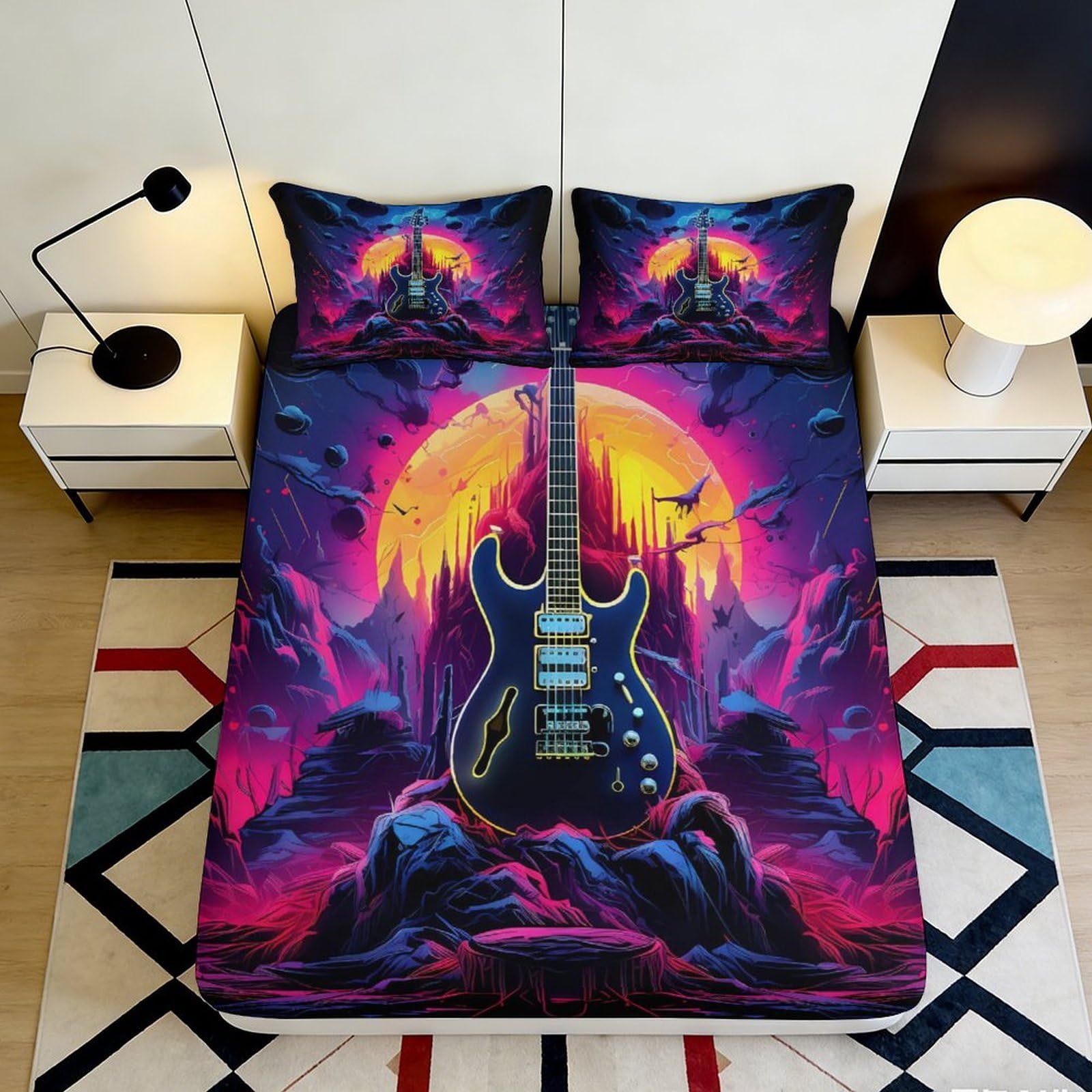 Jqzkxnhpbr Style-10 3D Printed Electric Guitar Fitted Sheet Microfiber Vibrant Sunset Bed Cover For Bedroom Dorm Decor Dust Protection 90X200x25cm