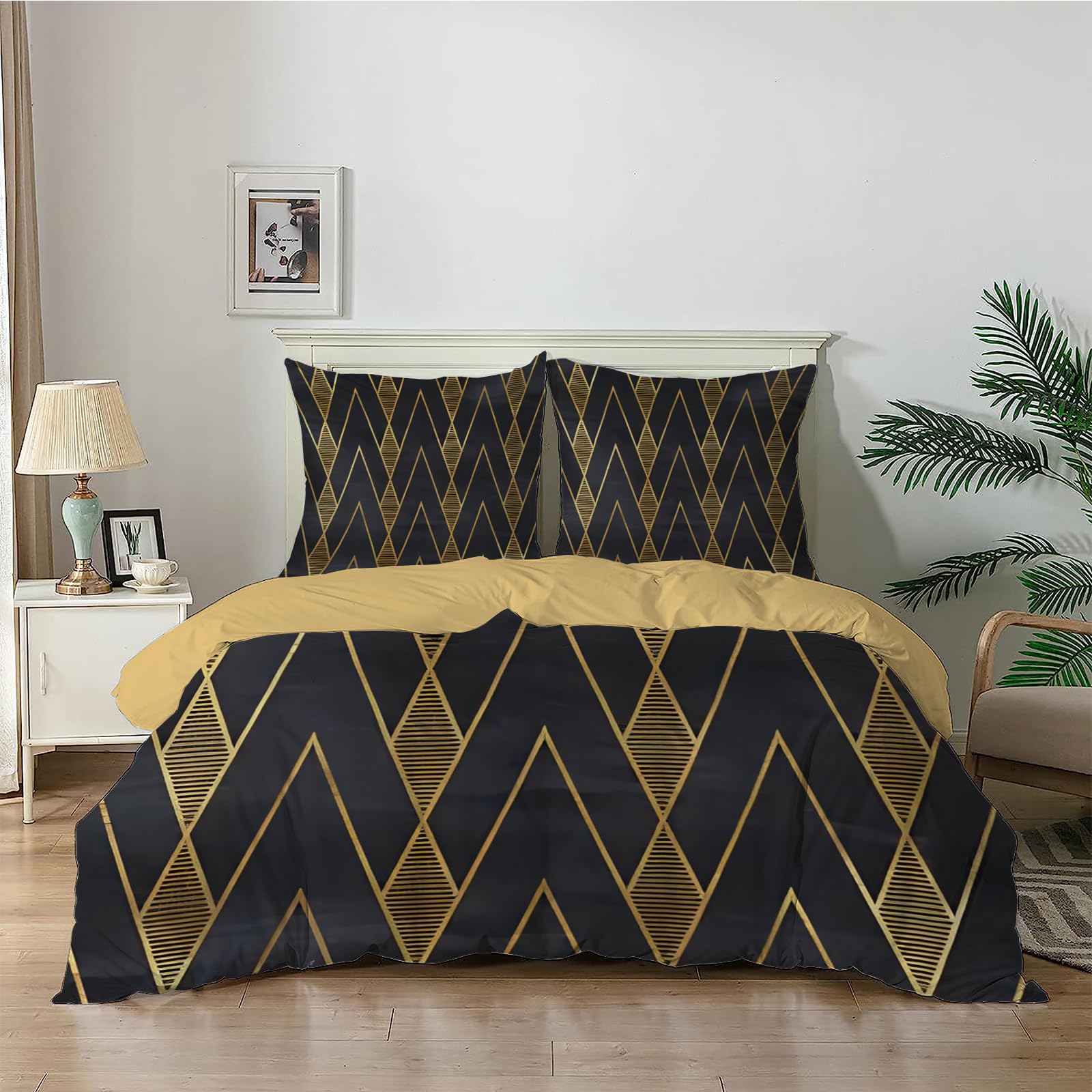 Qiwagu Gold Stripes Super King Duvet Cover, Reversible Black Quilt Cover with Pattern, Bedding Set Soft Microfibre with Zipper Closure, Washable Comforter Cover and 2 Pillowcases, 260x220 cm