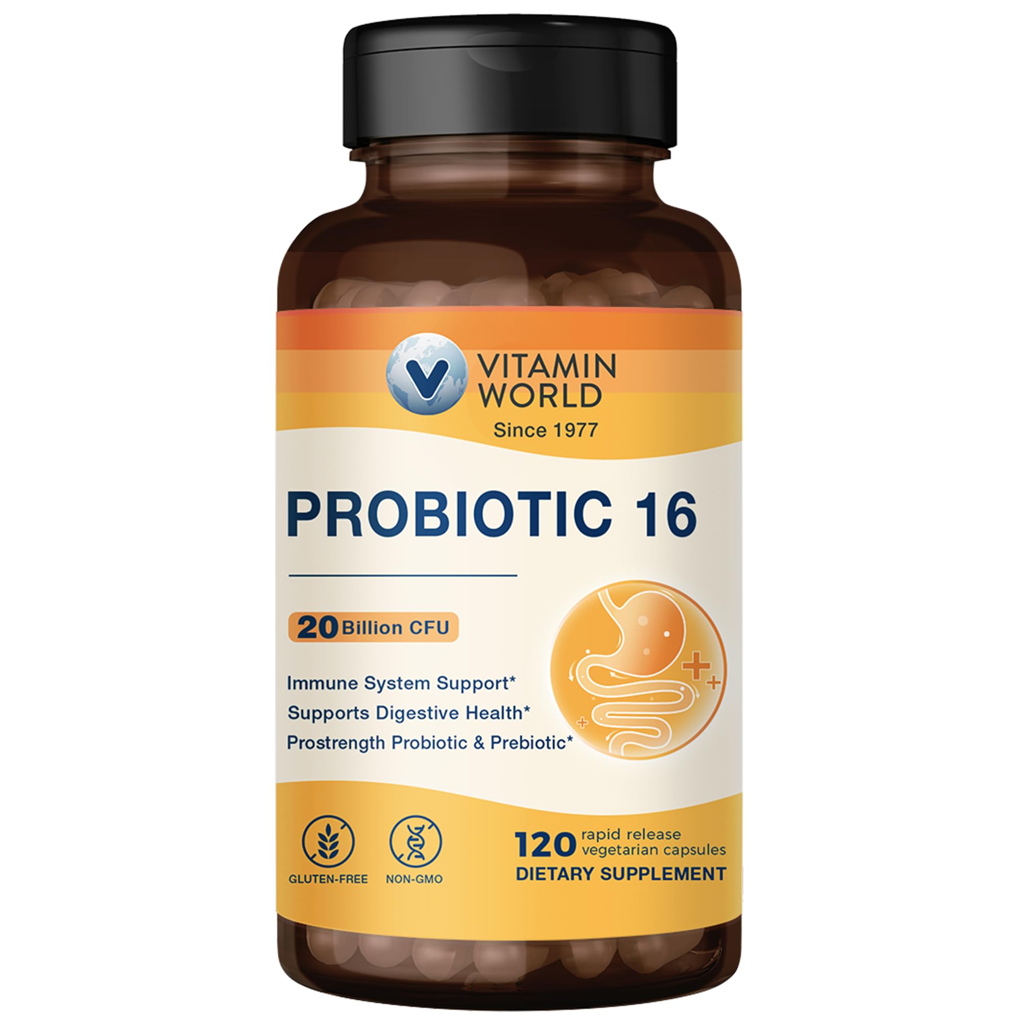 Vitamin World Probiotic 16, 20 Billion CFU, 16 Strains with Prebiotic Fiber for Digestive & Immune Health, Probiotics for Women & Men, Non-GMO, Gluten Free, 120 Veggie Capsules, 60 Day Supply