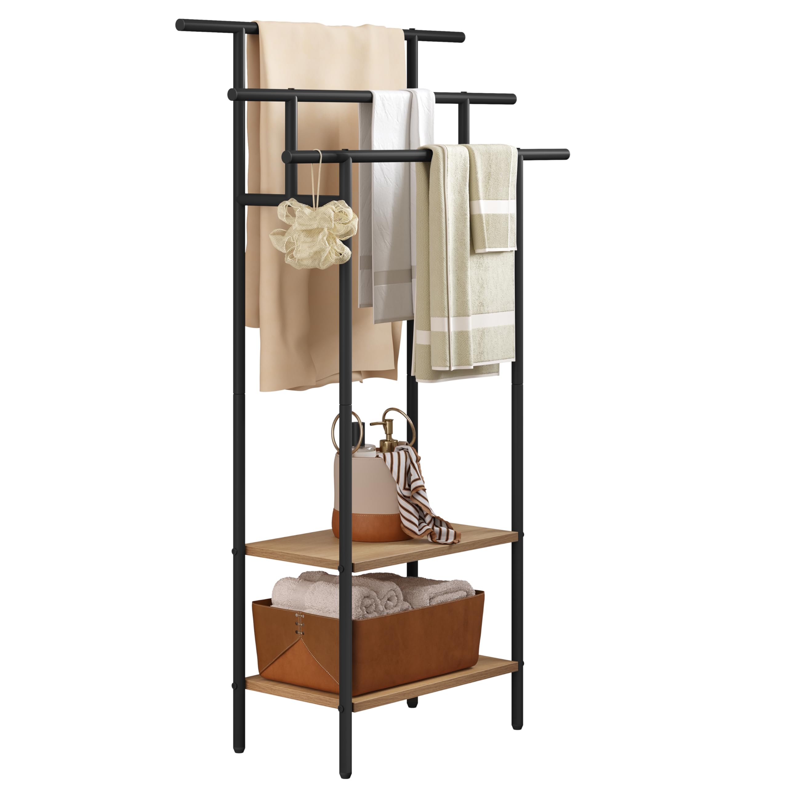 EUGAD Toallero de Baño de Pie, Soporte Toallas con 3 Barras y 2 Estantes, Gran Espacio de Almacenamiento, Toallero Escalera de Madera y Metal, Negro+Roble Claro
