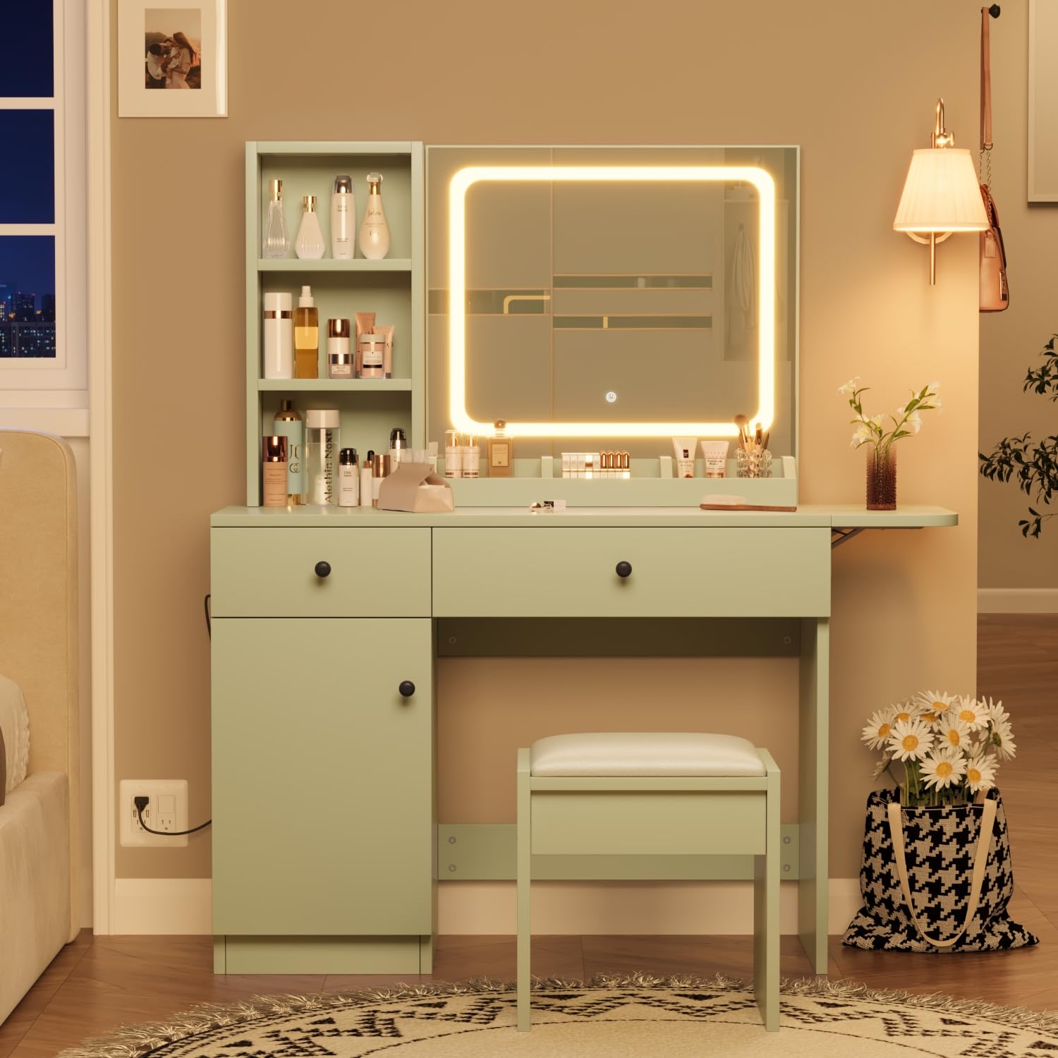 GarveeHome Makeup Vanity Desk with Mirror and Lights, Vanity Table Set with Drawer & Power Outlet & Chair & 3 Shelves, Bedroom, Green