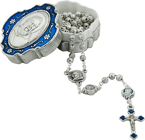 Miniatura 3 de Rosario con caja de metal Padre Pio  Cuentas florales de granizo María en tono plateado con cuentas azules del Padre Pío Nuestro Padre  Gran regalo