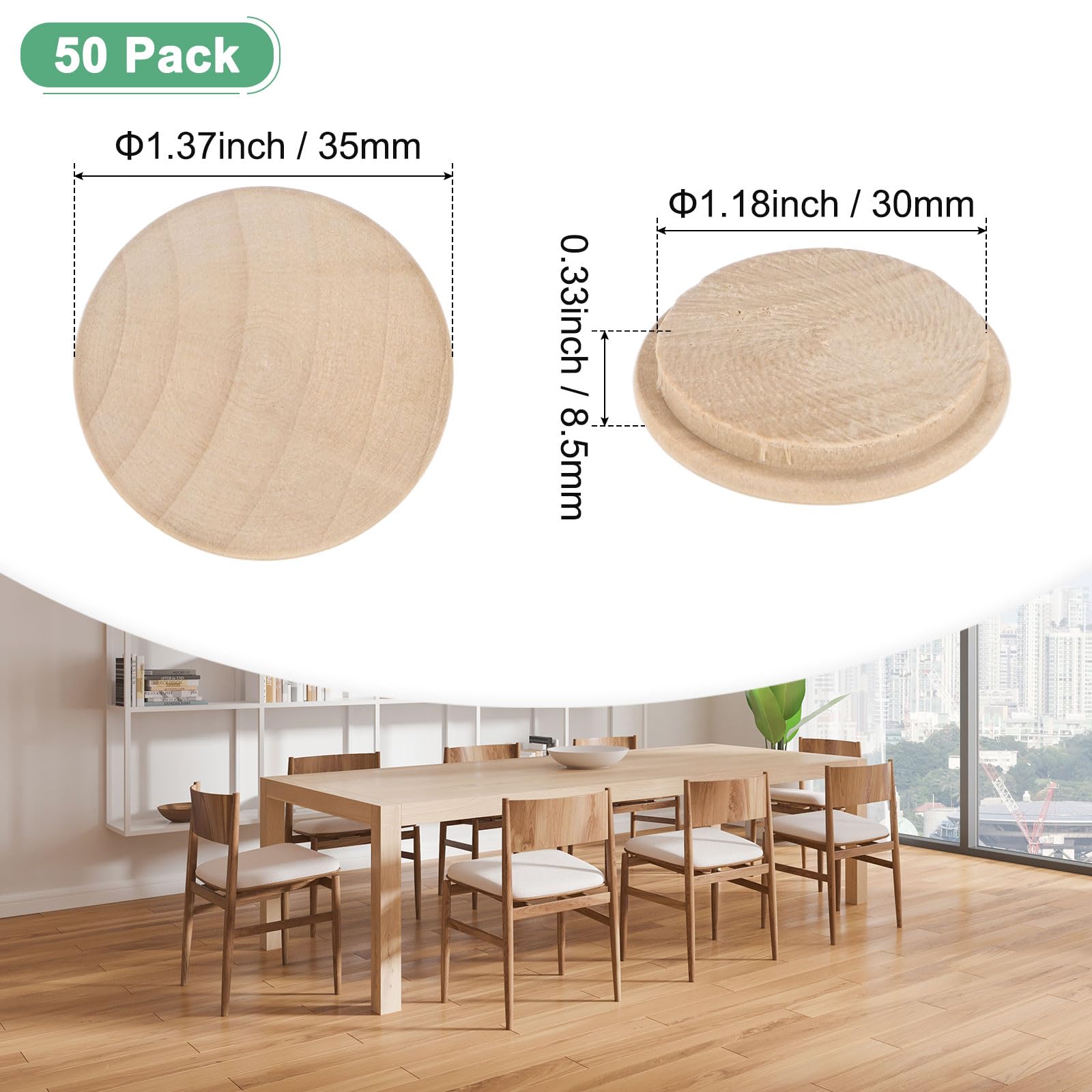 M METERXITY 50-Pack Wood Plugs for Screw Holes 35 x 30mm Beech Button Wood Top Plugs for Furniture/Stair/Chair/Craft - Image 3