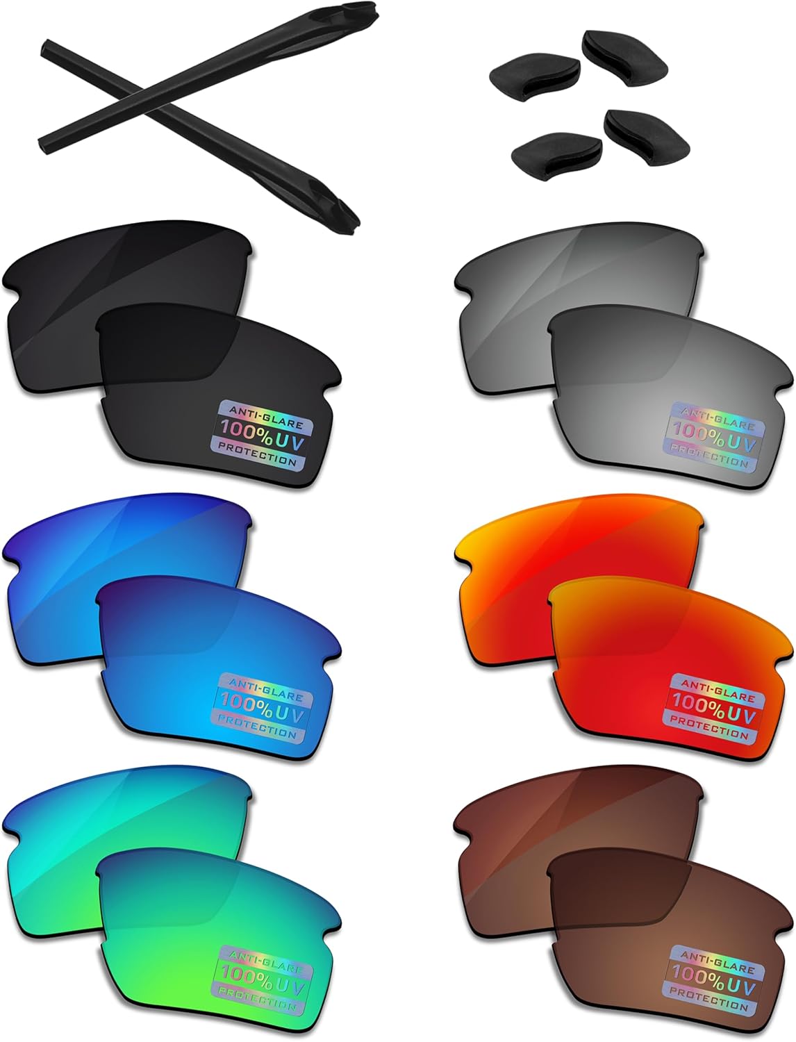 Bowyer 6 Pairs POLARIZED Replacement Lenses & Rubber Kits for Oakley Flak 2.0 XL OO9188 Sunglasses - Black + Titanium Mirror + Surf Blue Mirror + Fire Red Mirror + Jade Green Mirror + Brown