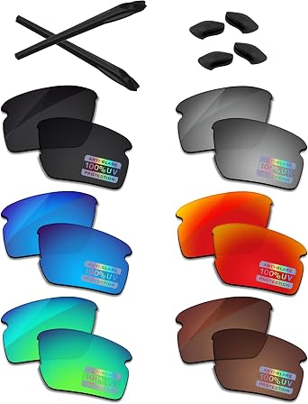 Bowyer 6 Pairs POLARIZED Replacement Lenses & Rubber Kits for Oakley Flak 2.0 XL OO9188 Sunglasses - Black + Titanium Mirror + Surf Blue Mirror + Fire Red Mirror + Jade Green Mirror + Brown