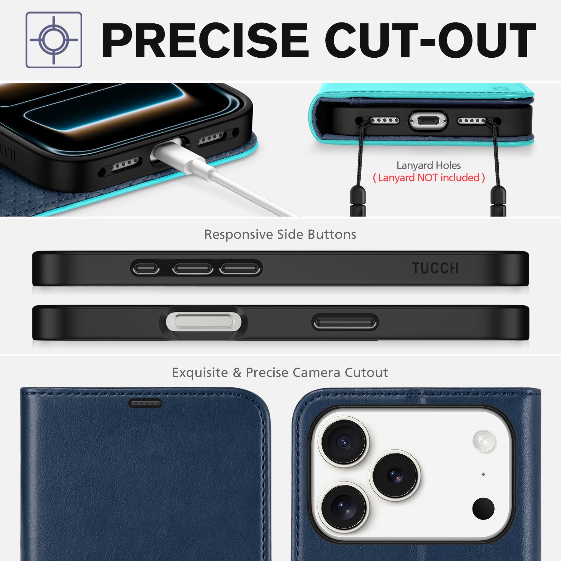 TUCCH Funda para iPhone 17 Pro 6,3" 5G 2025 Bloqueo RFID, Azul & Azul Lago | Cuero Sintético, Soporte Plegable, Billetera Ranura Tarjeta, Anti Choques TPU, Cierre Magnético