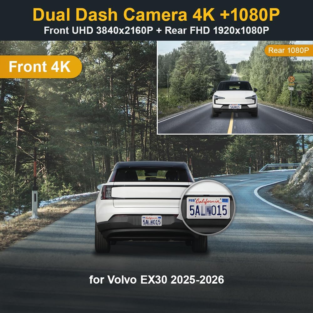 Fitcamx Front 4K+Rear 1080P Dash Cam Adapts for Volvo EX30 2025-2026 (HD2-D8800), OEM Factory Style, Dual HD Video, WiFi & APP, Loop Recording, Gravity Sensor, Night Vision, Easy to Use, 128GB Card