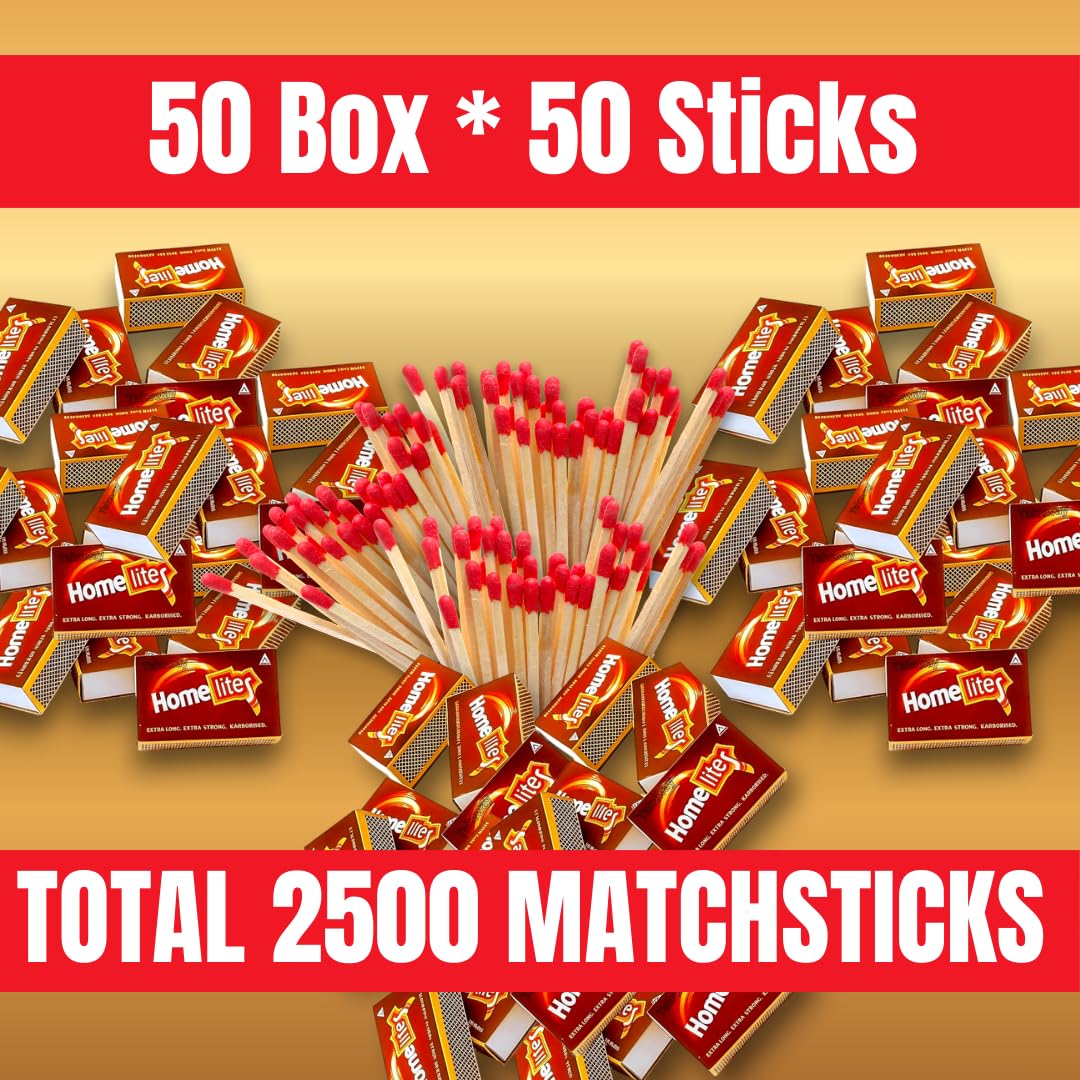 (Pack of 50 Match Box) Premium Match Box with Safety Wooden Matchsticks for Home & Kitchen | Household Strike Anywhere Matches | Candle Lighting, Puja & Fire Starter Matchsticks 1