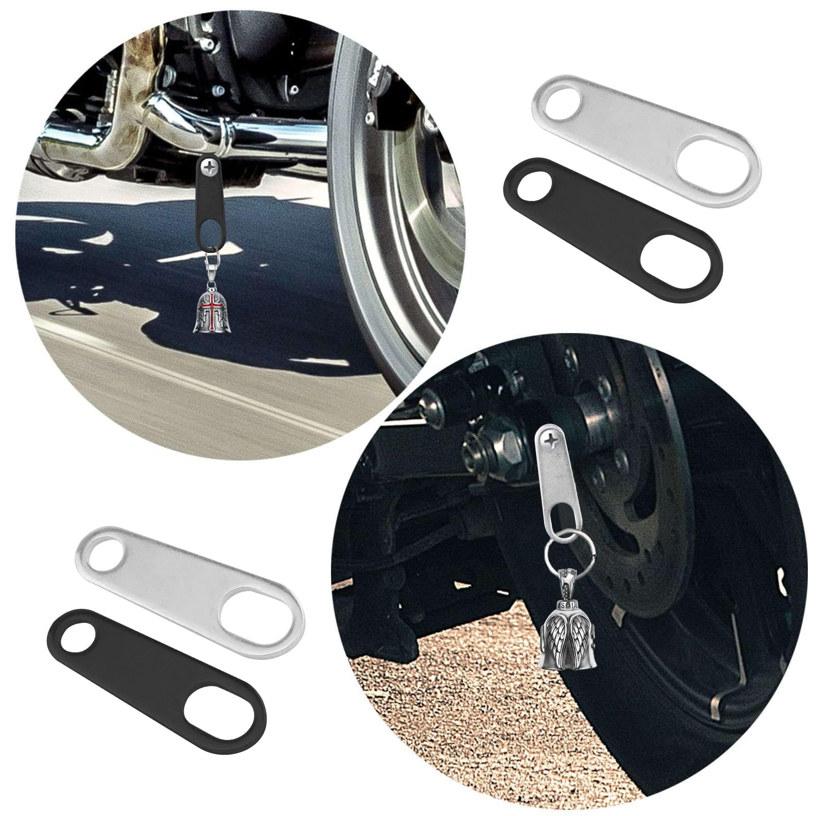 CTZSR Luck Riding Motorcycle Bell Hanger - 4 Pieces Hangers With 4 Split Rings & Guardian Angel Accessories Fits for Any Bells | 2 Black 2 Silver
