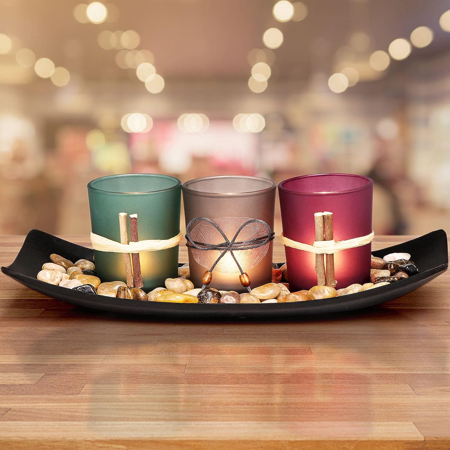 DARJEN Candle Holders Tray and Rocks,Candle Holders Gift Set for Mom Women,Candlescape Centerpiece Set of 3 Tea Light,Home Decor for Coffee Table,Living Room,Birthday,Valentines Day, Gift Box: Kitchen & Dining